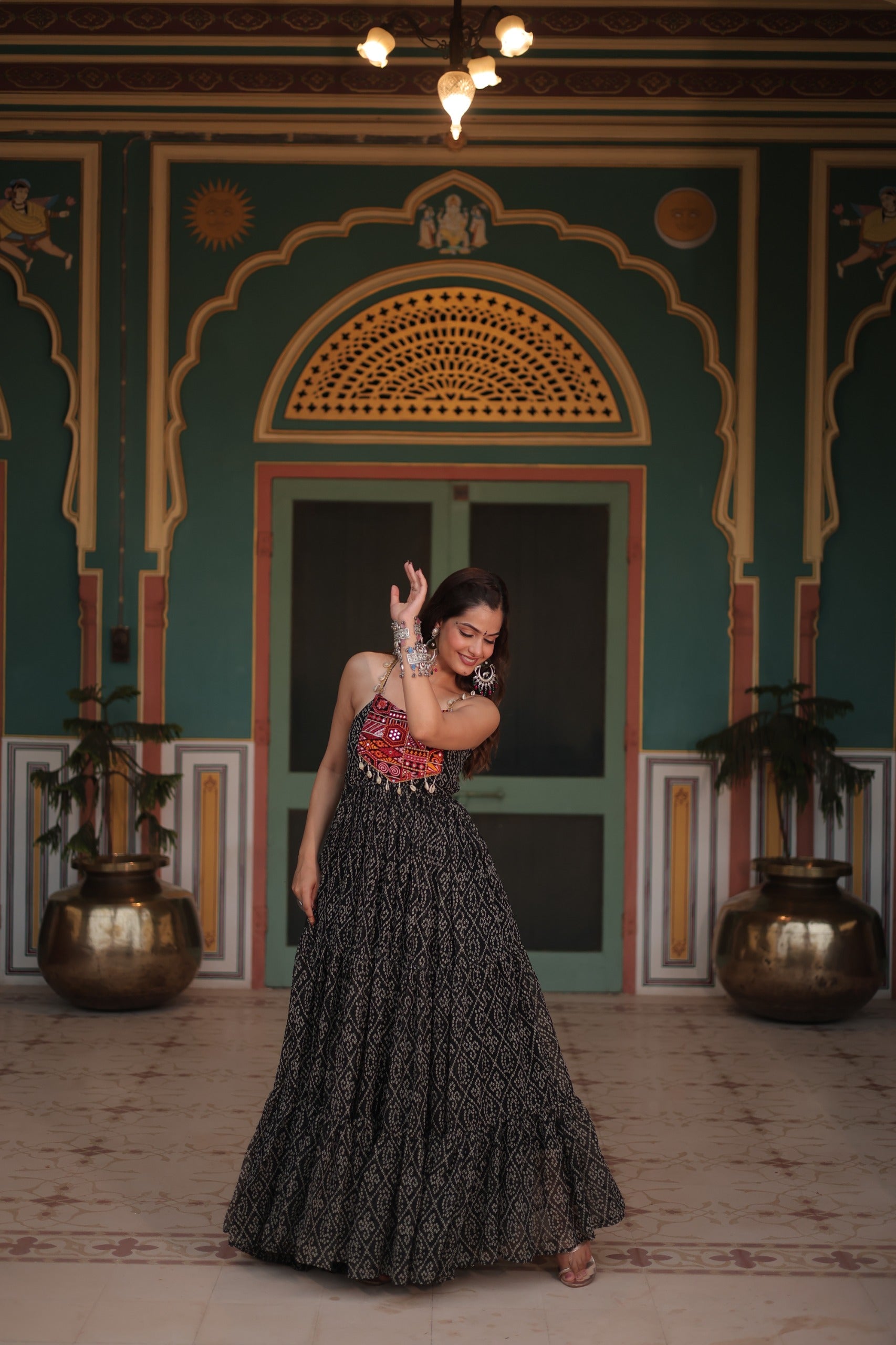 Bandhani Gown with Kutchi Patchwork