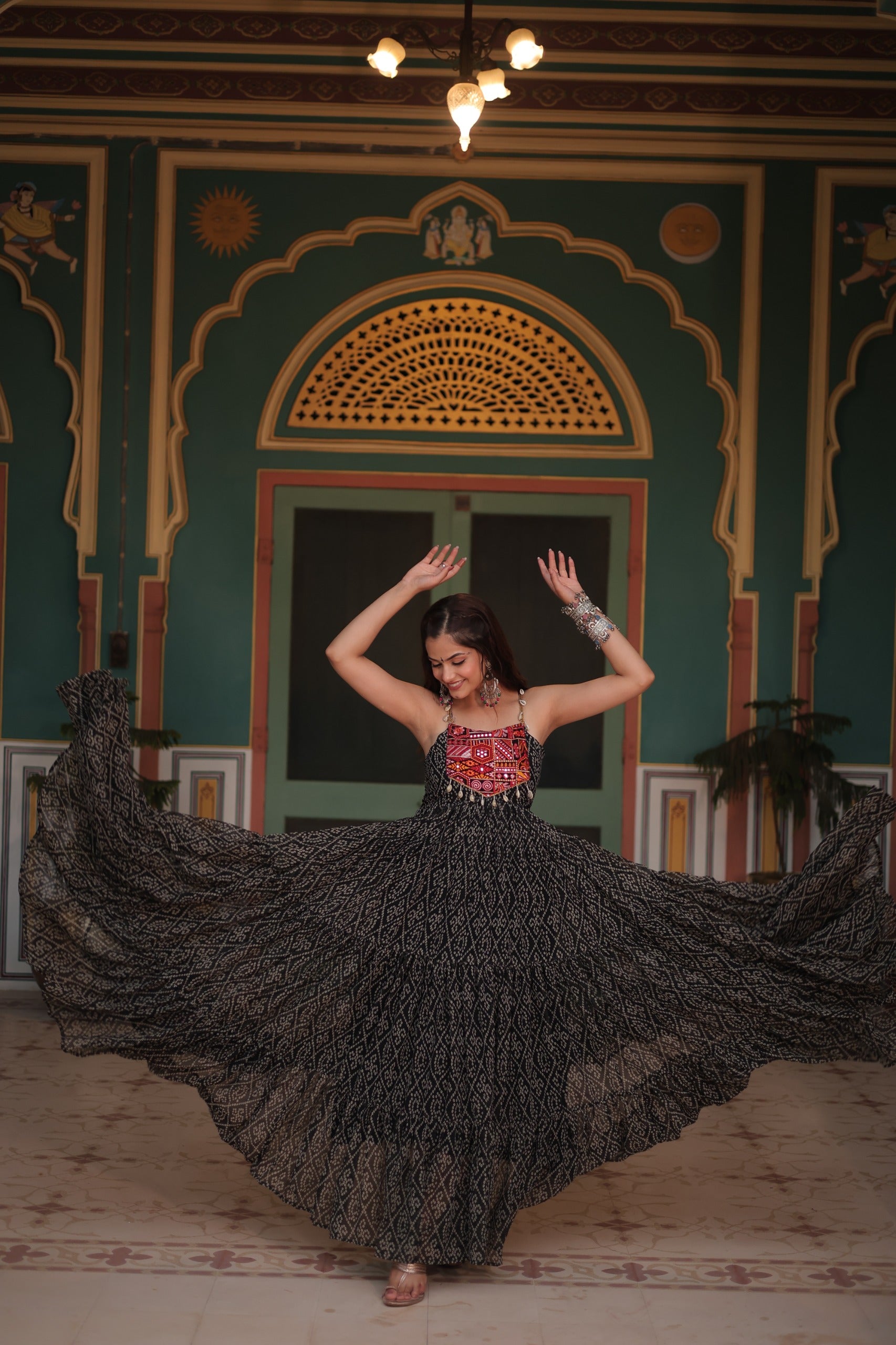 Bandhani Gown with Kutchi Patchwork