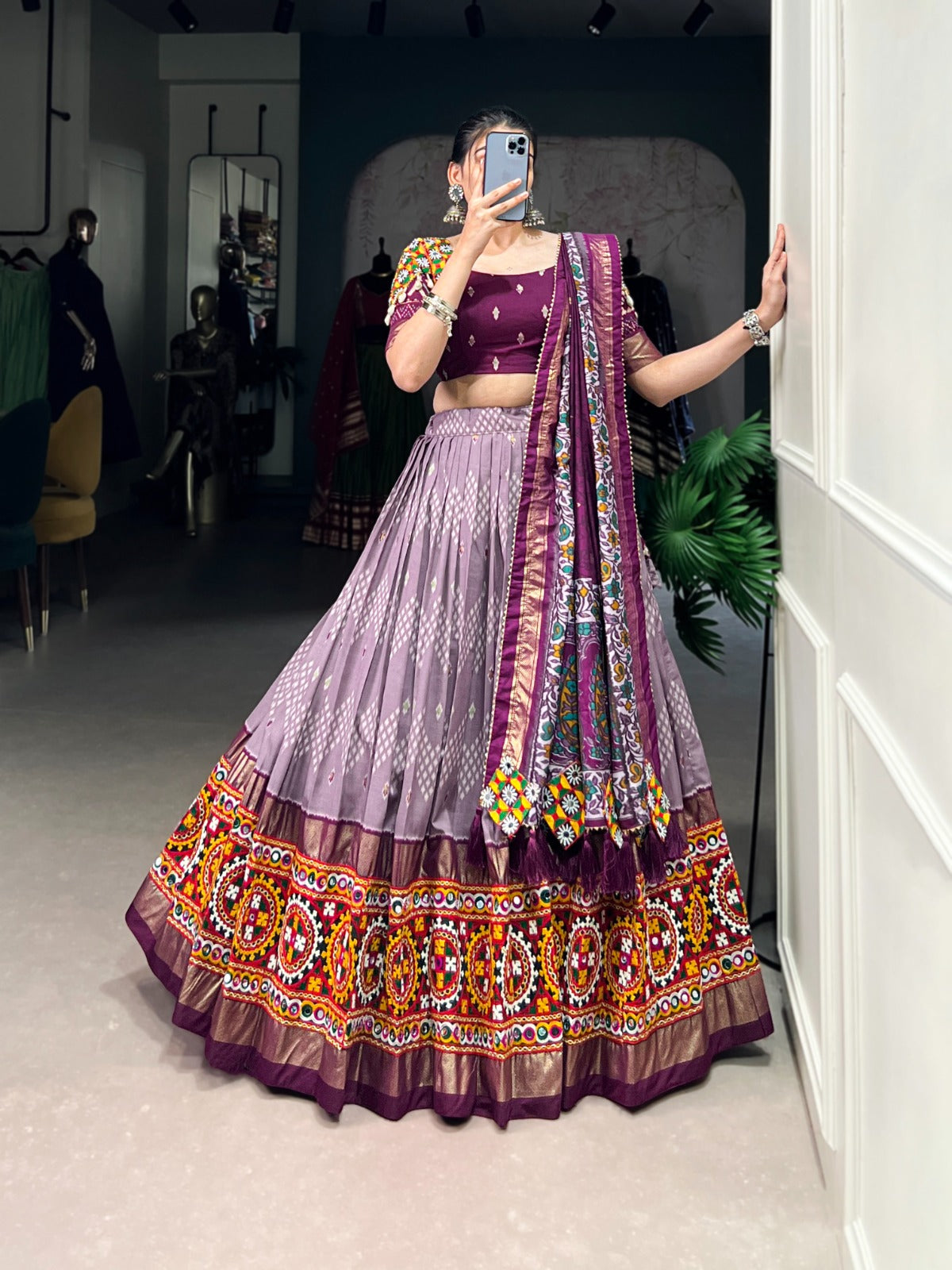 TUSSAR SILK MIRROR WORK LEHENGA CHOLI FOR GARBA
