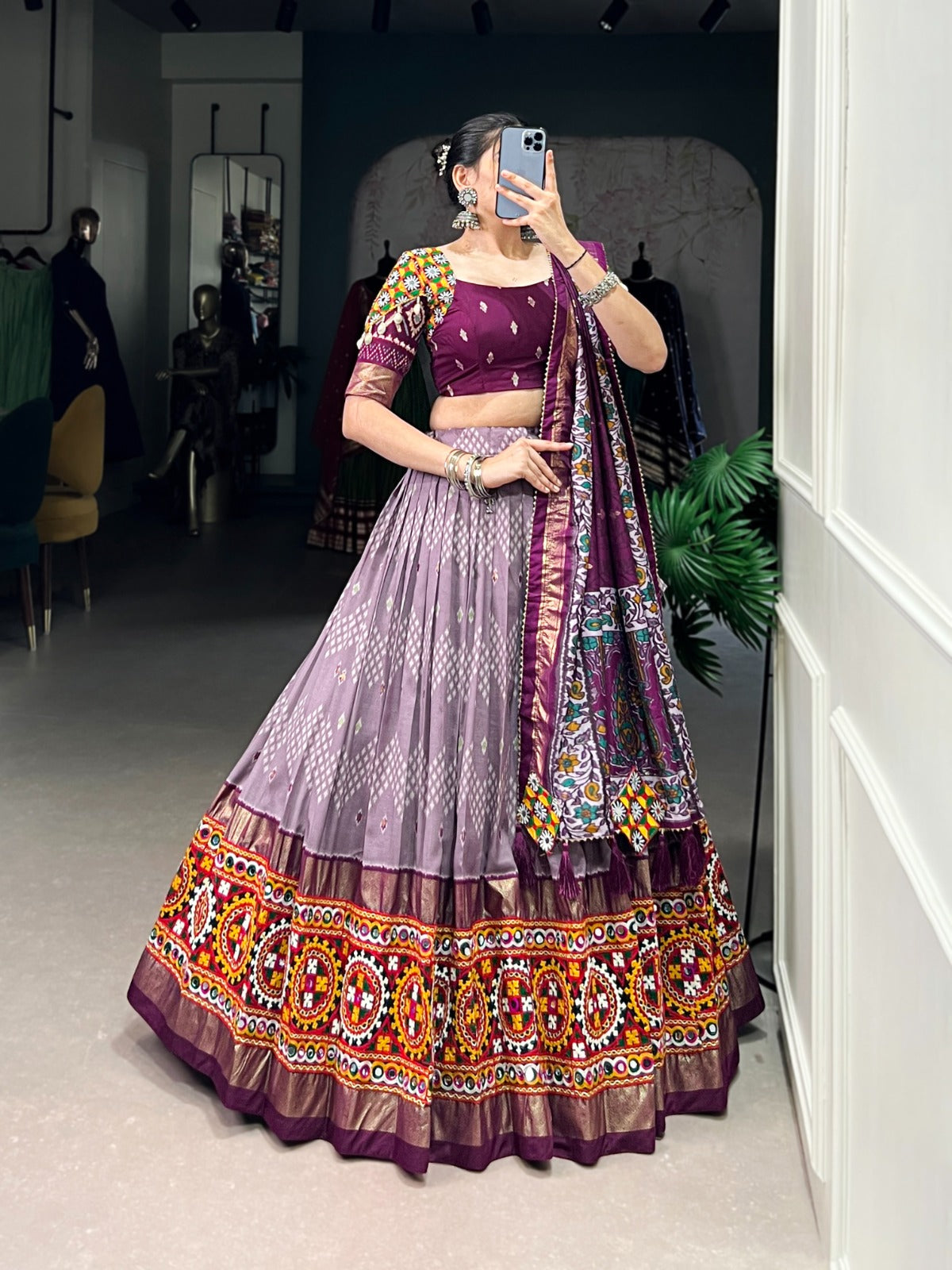 TUSSAR SILK MIRROR WORK LEHENGA CHOLI FOR GARBA