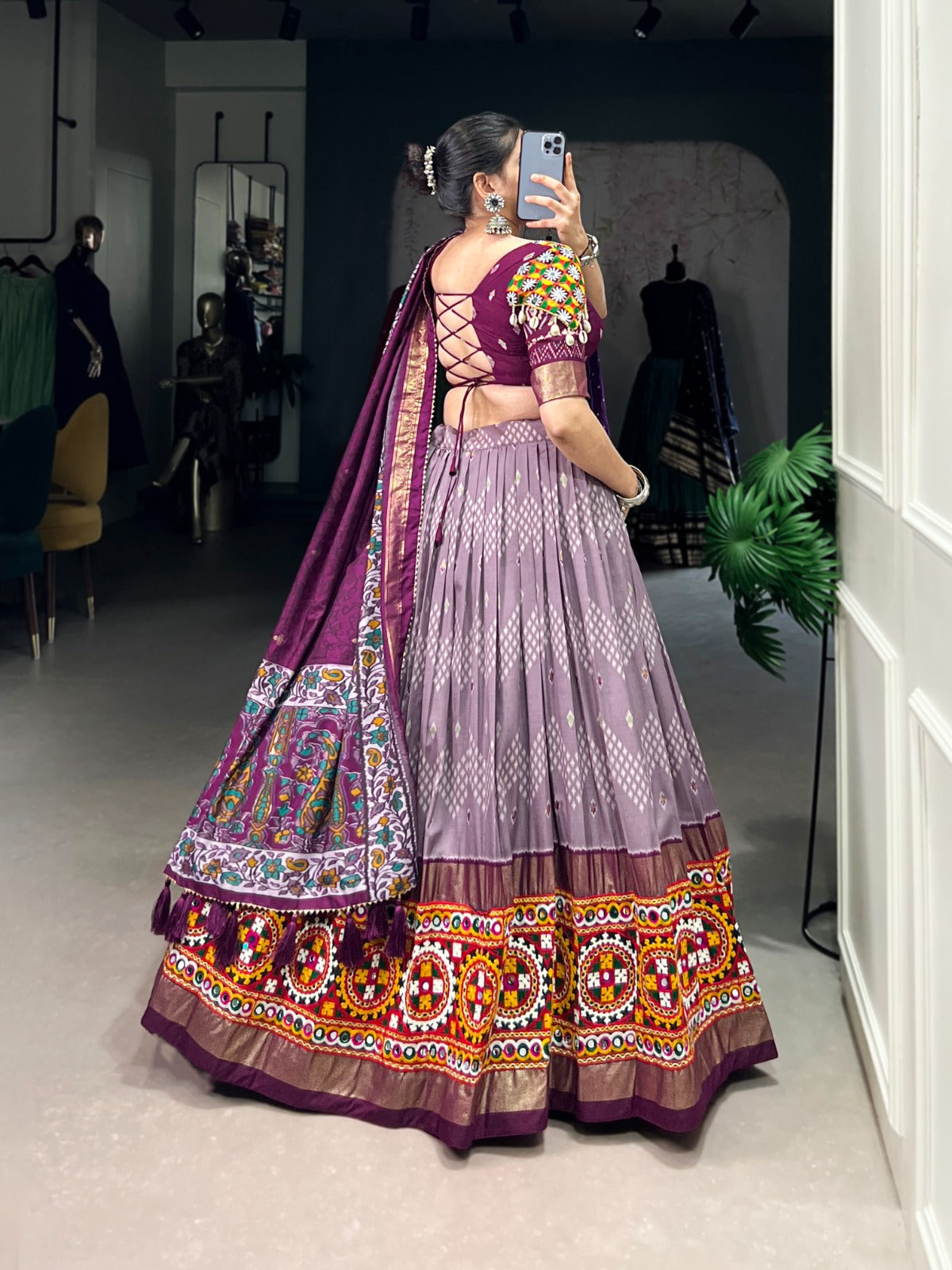 TUSSAR SILK MIRROR WORK LEHENGA CHOLI FOR GARBA