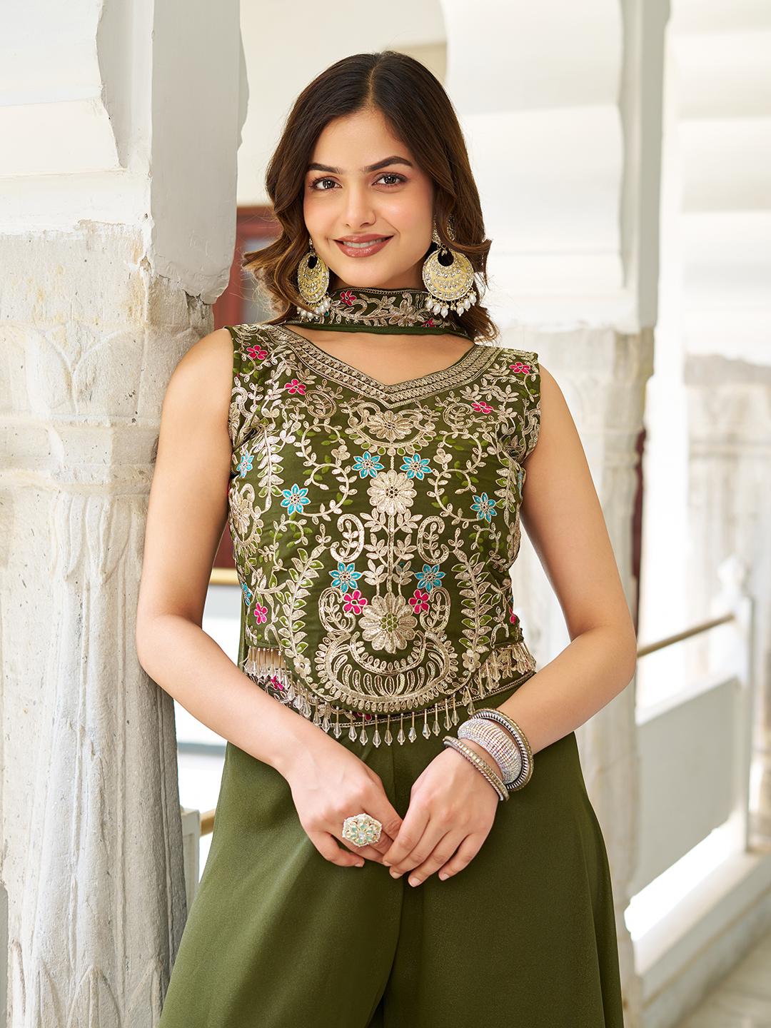 DESIGNER PLAZZO SET WITH EMBROIDERED BLOUSE & DUPATTA