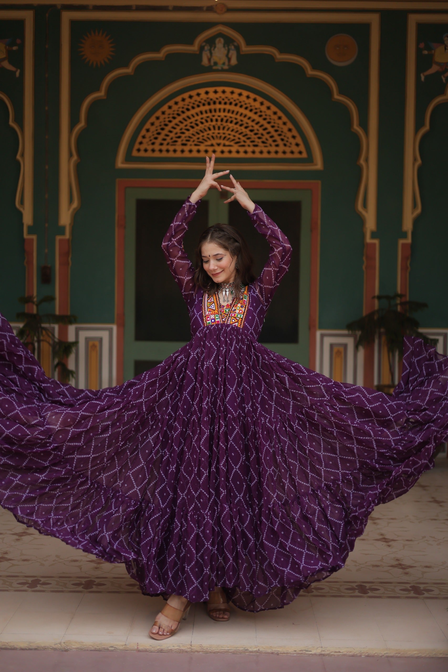 BANDHANI PRINT GOWN WITH KUTCHI PATCHWORK
