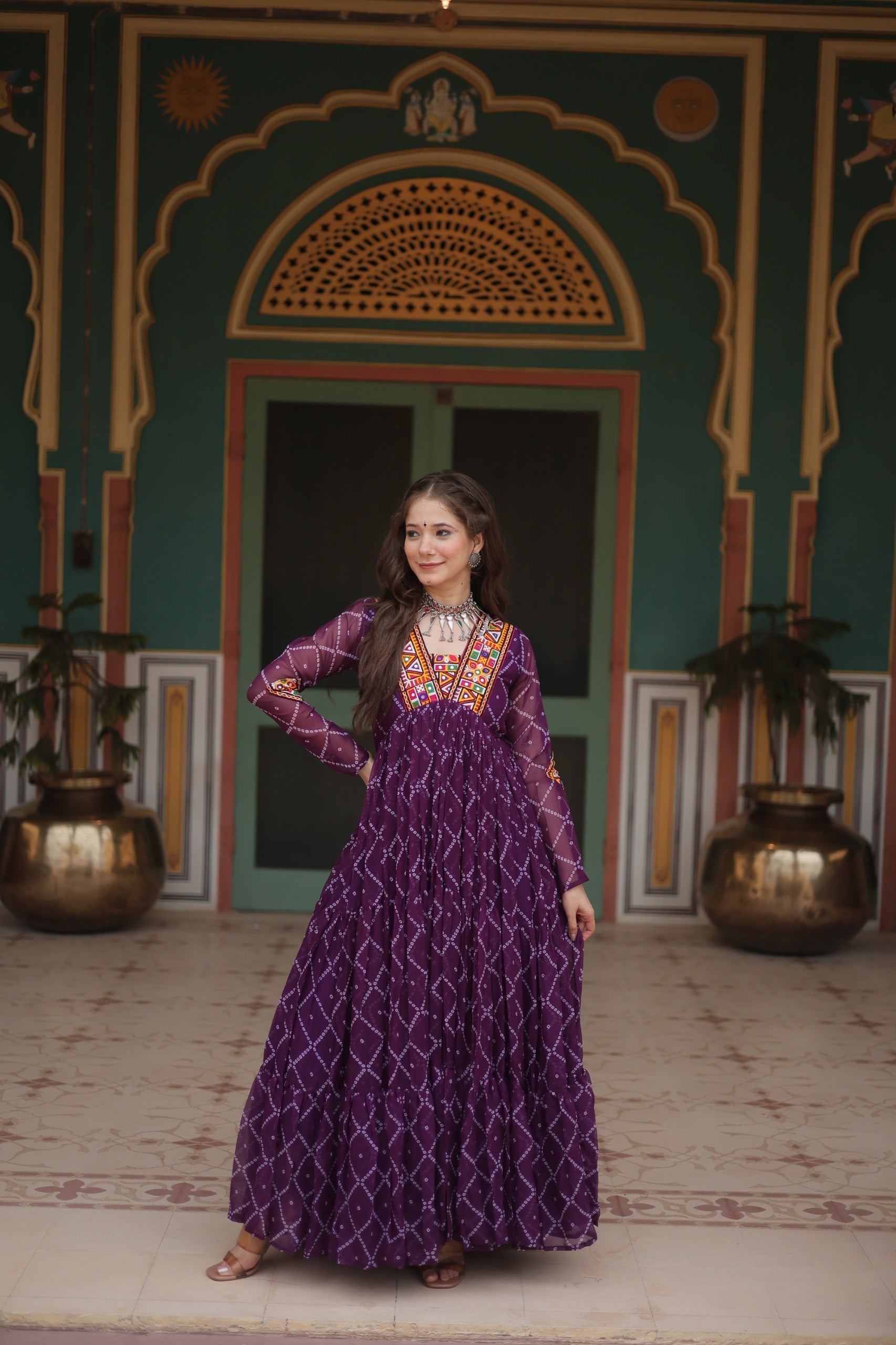 BANDHANI PRINT GOWN WITH KUTCHI PATCHWORK