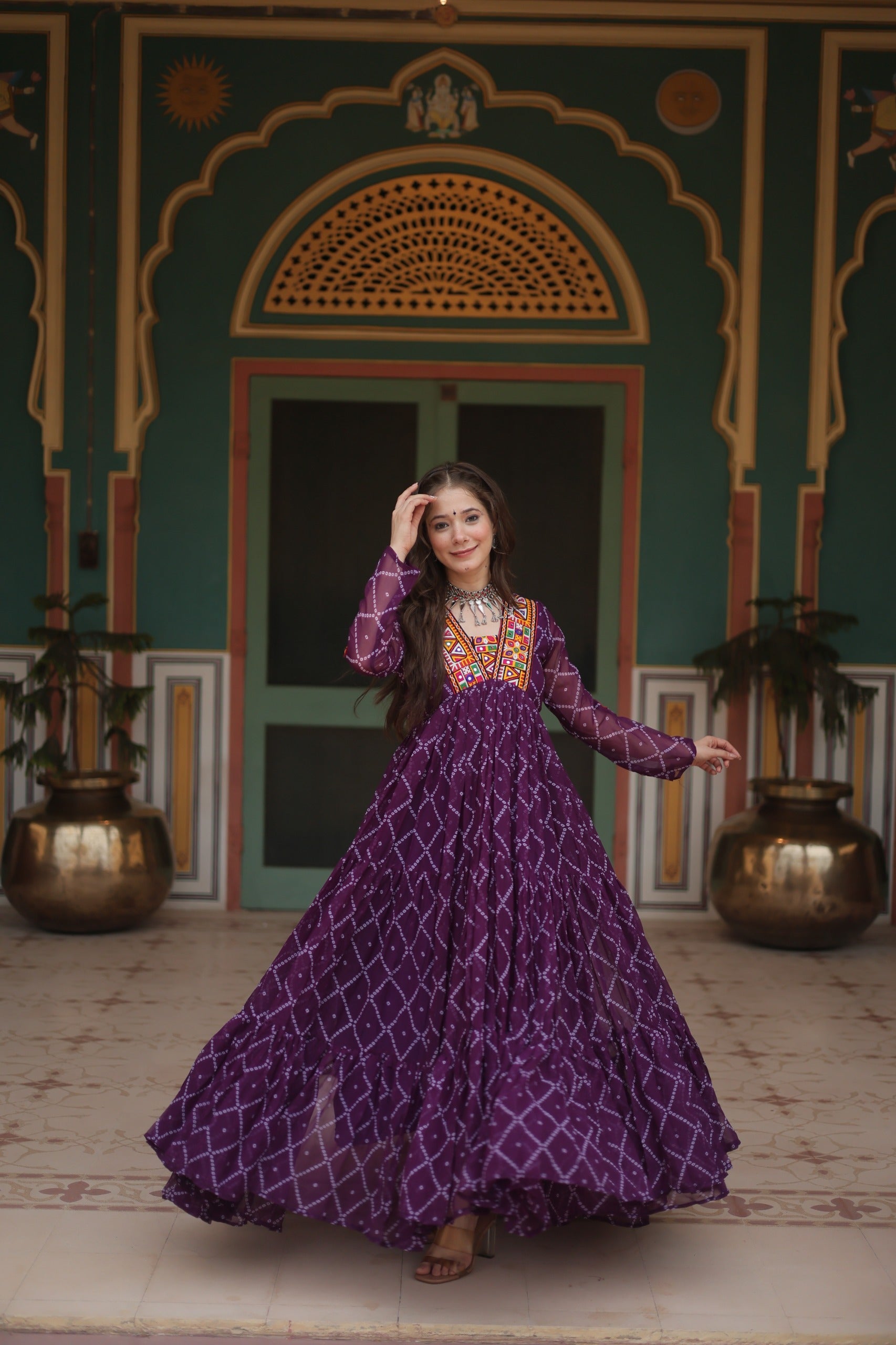 BANDHANI PRINT GOWN WITH KUTCHI PATCHWORK