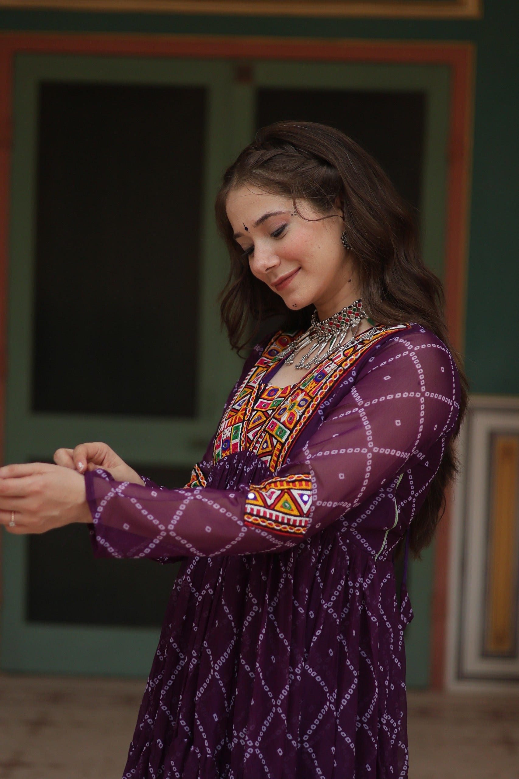 BANDHANI PRINT GOWN WITH KUTCHI PATCHWORK