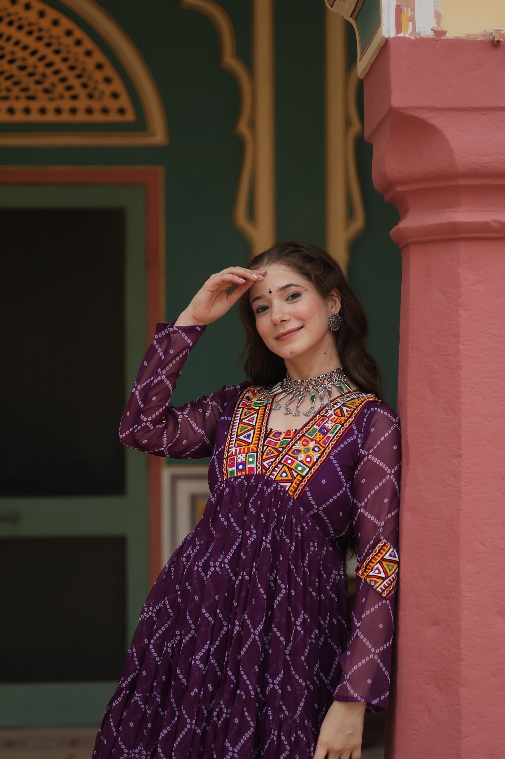 BANDHANI PRINT GOWN WITH KUTCHI PATCHWORK