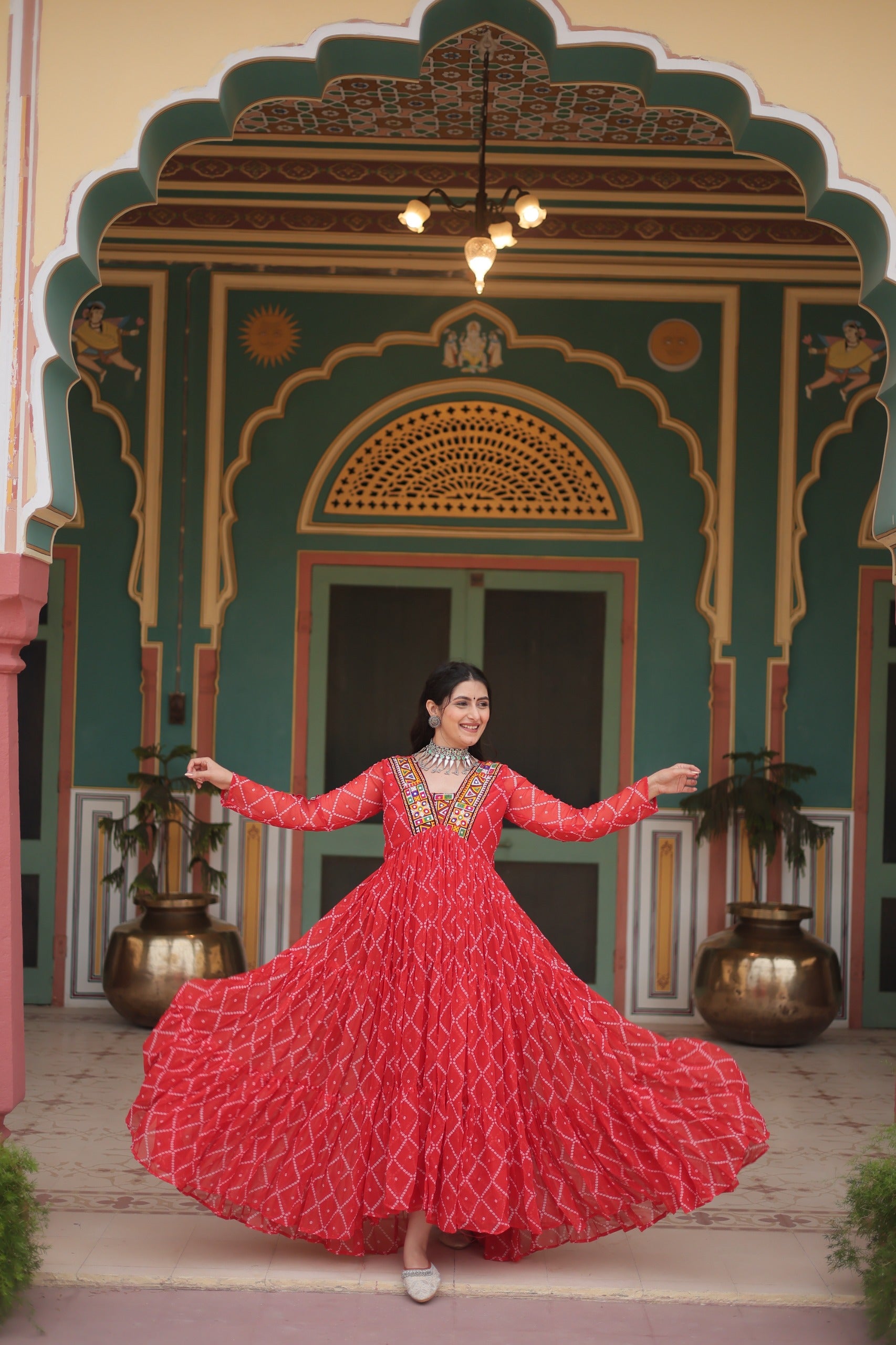 BANDHANI PRINT GOWN WITH KUTCHI PATCHWORK