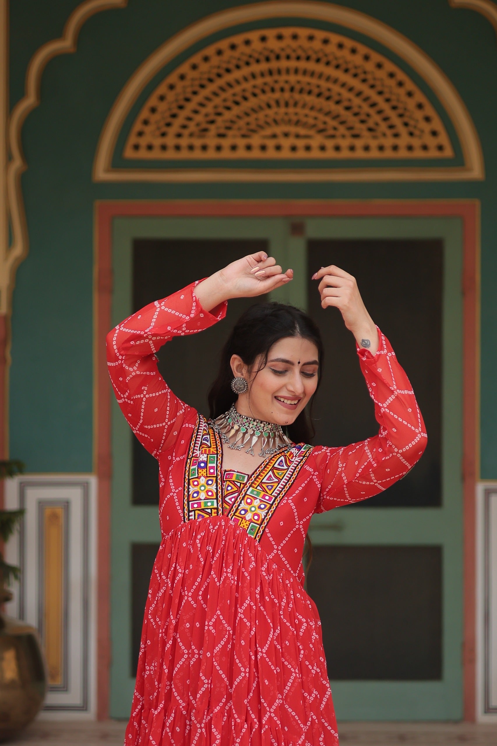 BANDHANI PRINT GOWN WITH KUTCHI PATCHWORK