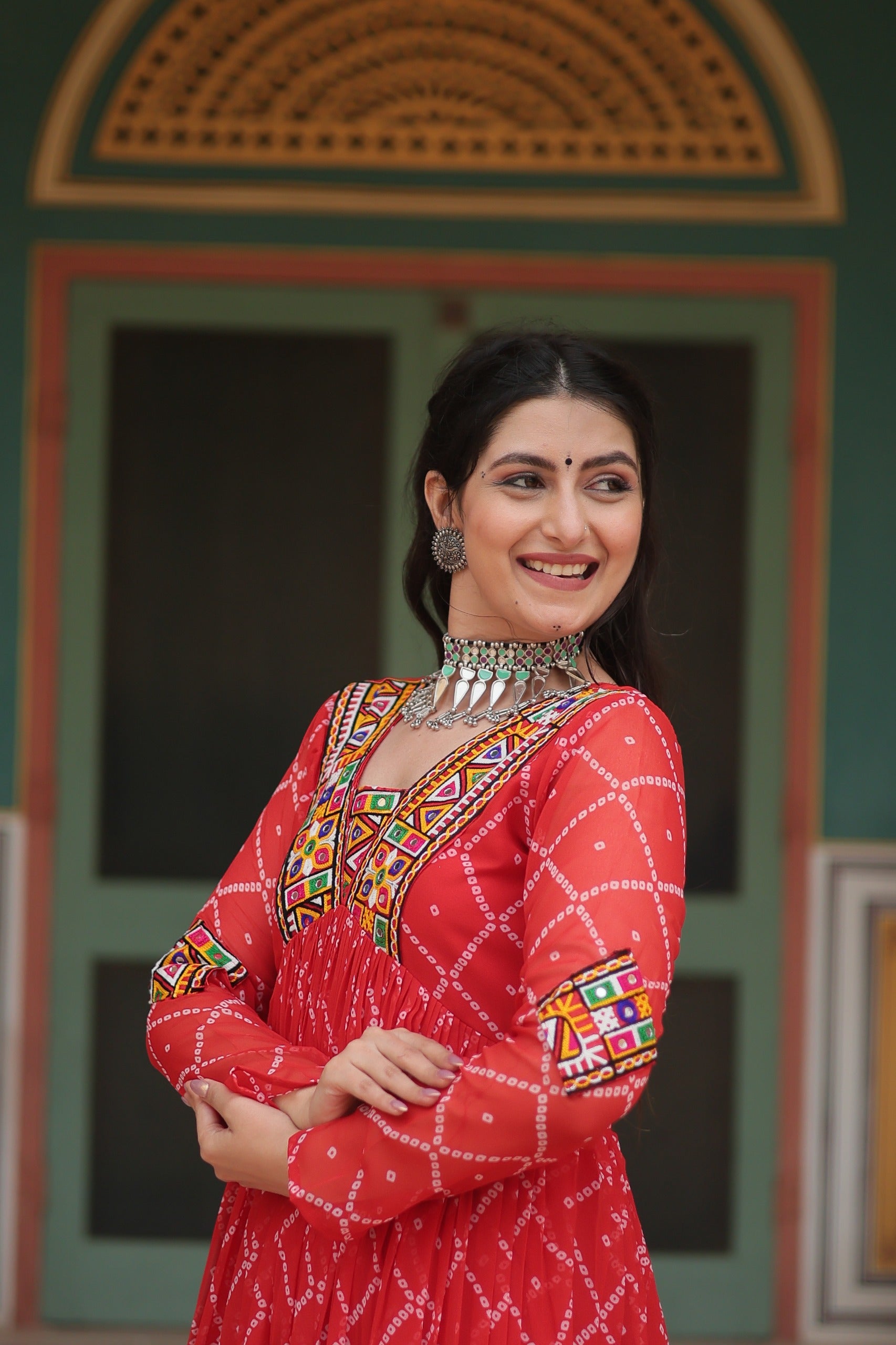 BANDHANI PRINT GOWN WITH KUTCHI PATCHWORK