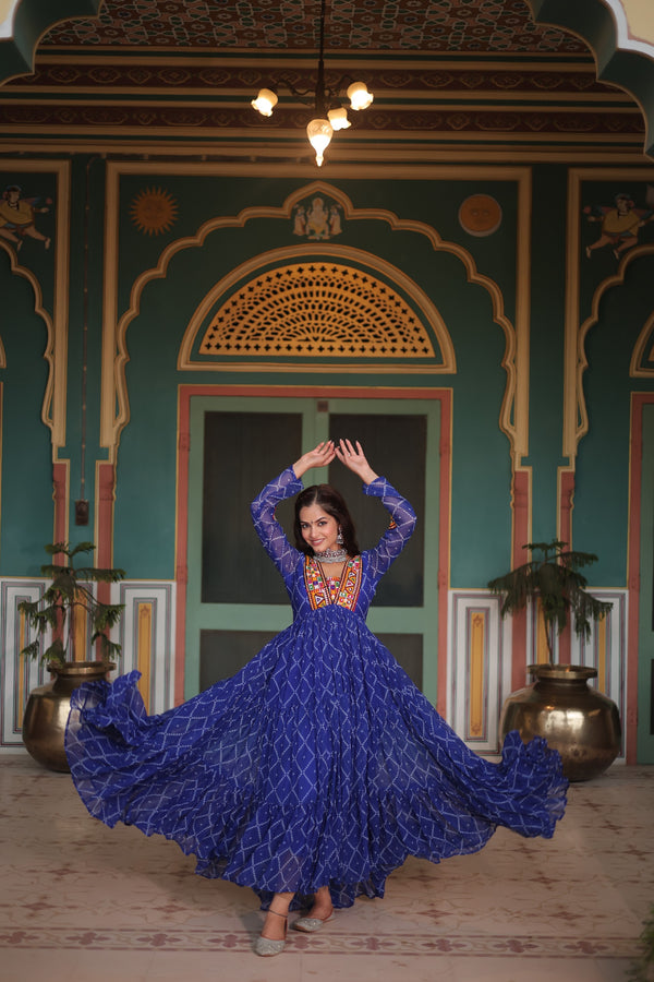 BANDHANI PRINT GOWN WITH KUTCHI PATCHWORK