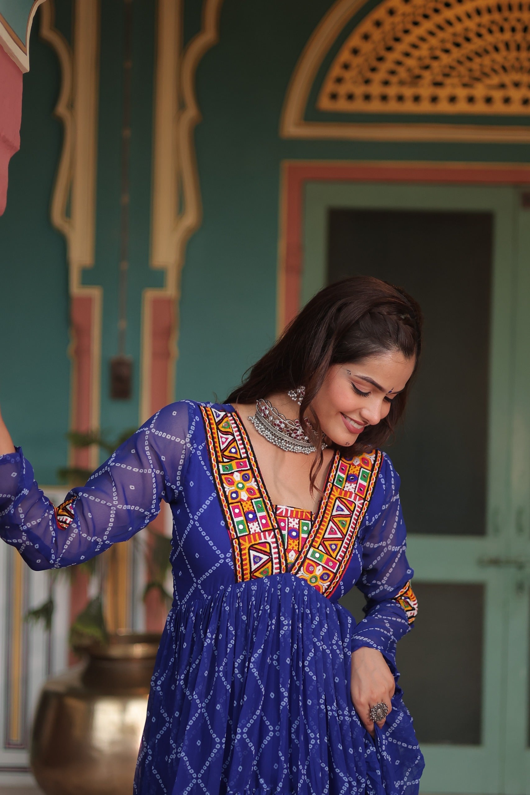 BANDHANI PRINT GOWN WITH KUTCHI PATCHWORK