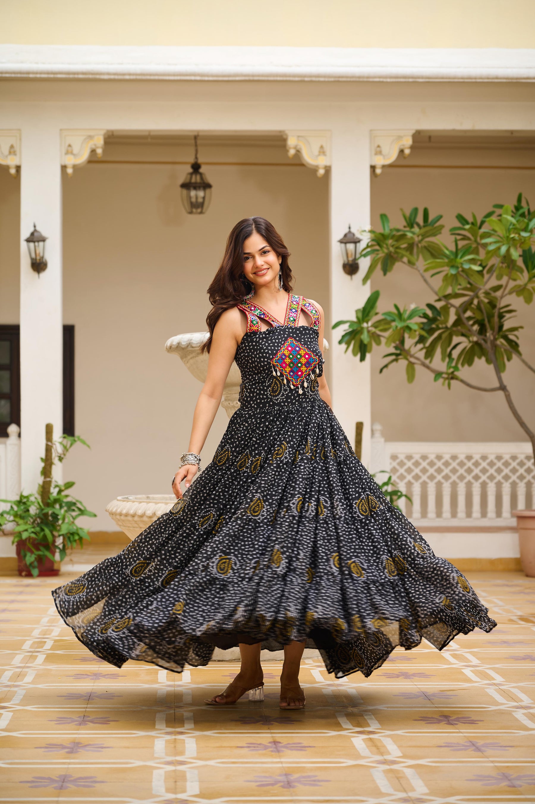 TRADITIONAL GAMATHI WORK NAVRATRI GOWN WITH REAL MIRROR & BANDHANI PRINT