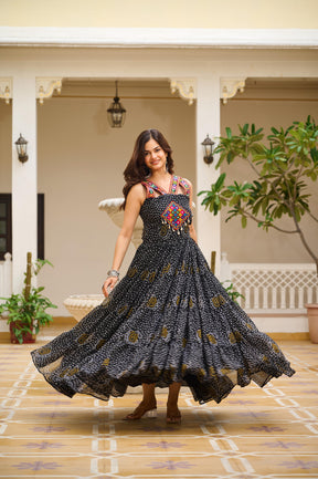 TRADITIONAL GAMATHI WORK NAVRATRI GOWN WITH REAL MIRROR & BANDHANI PRINT