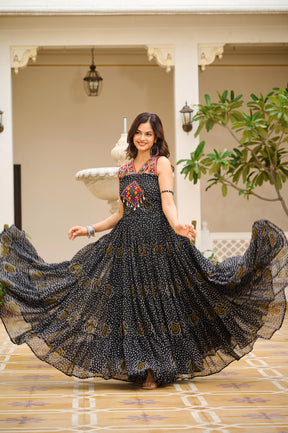 TRADITIONAL GAMATHI WORK NAVRATRI GOWN WITH REAL MIRROR & BANDHANI PRINT
