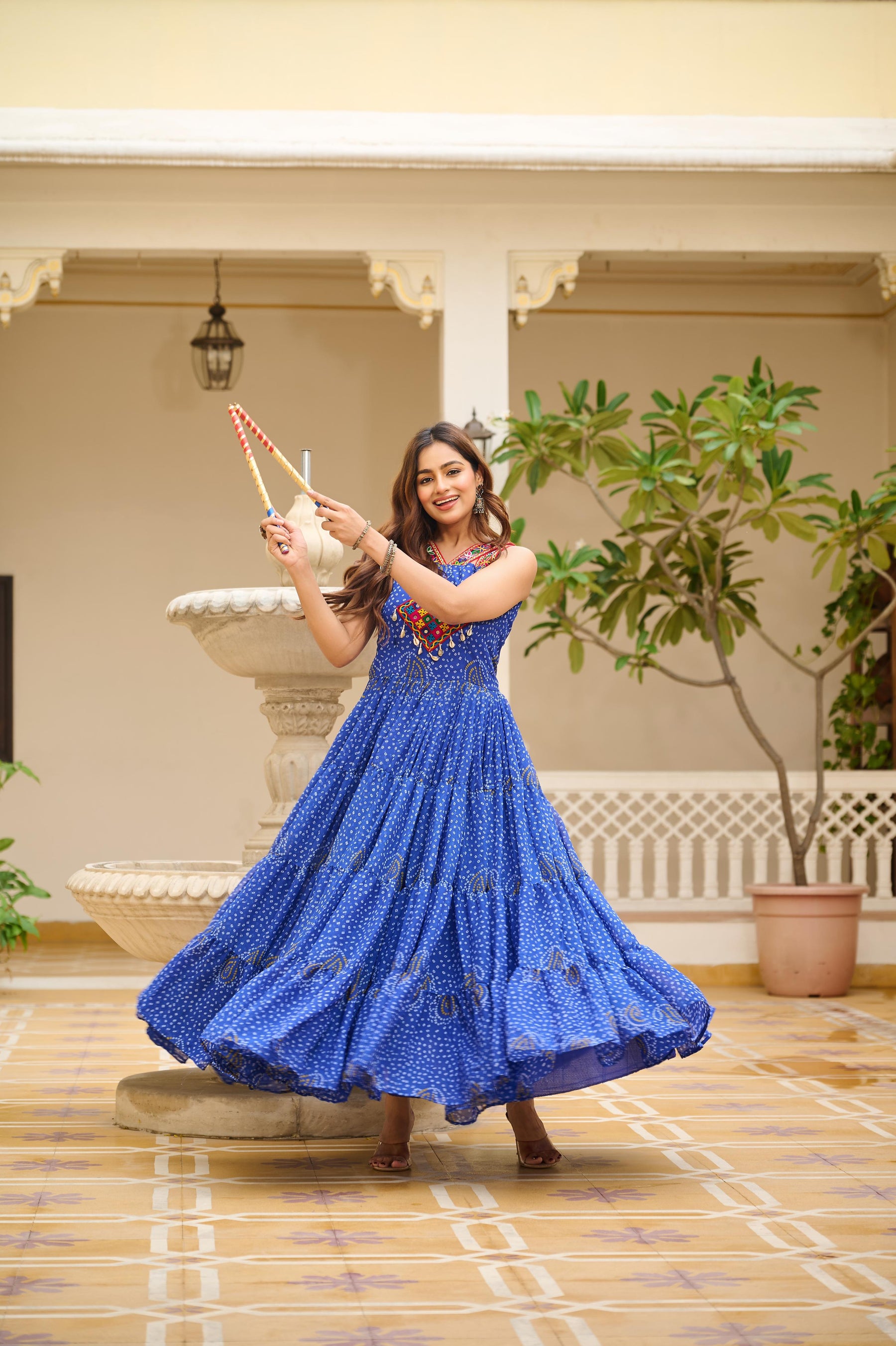 TRADITIONAL GAMATHI WORK NAVRATRI GOWN WITH REAL MIRROR & BANDHANI PRINT