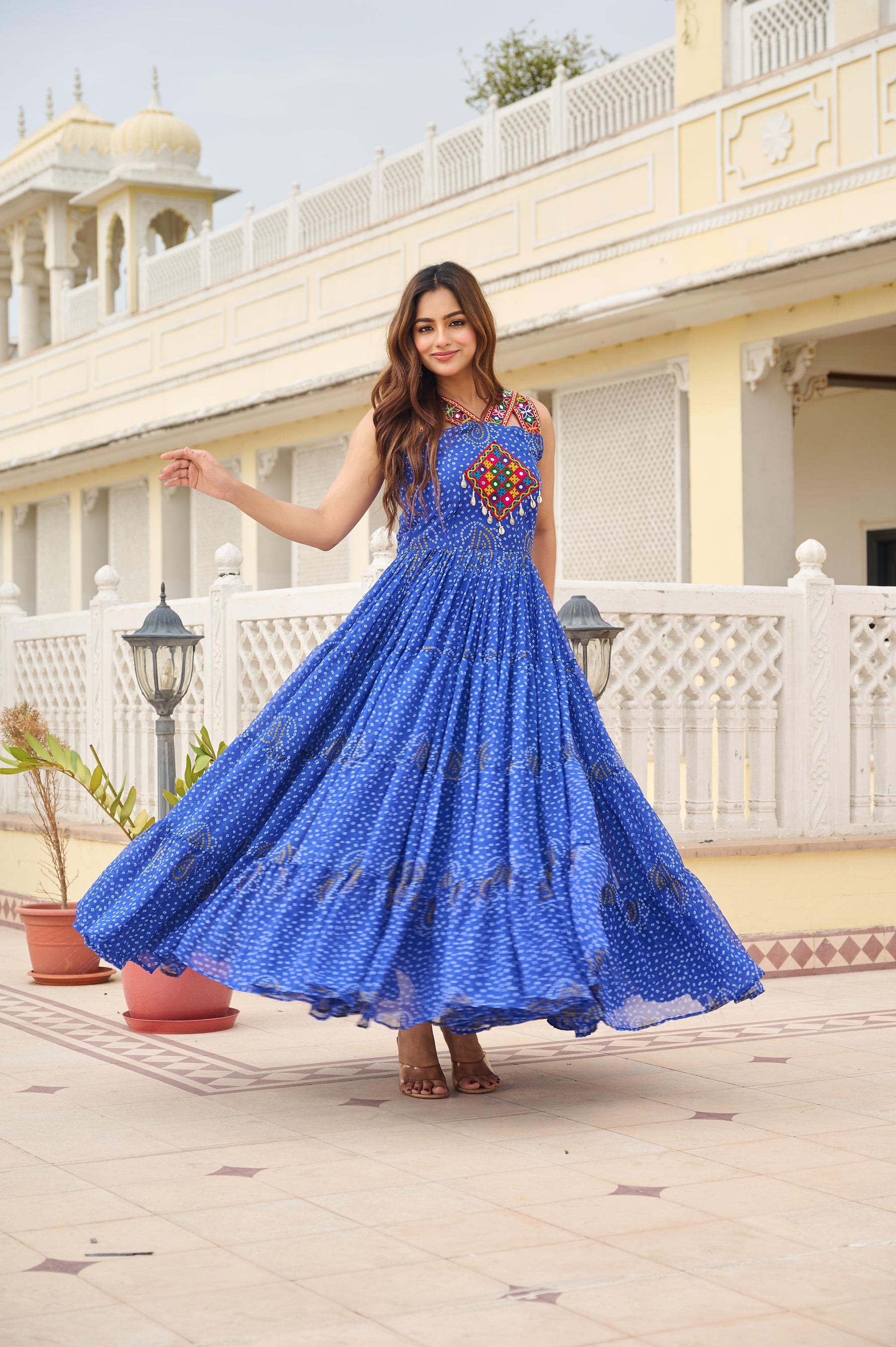 TRADITIONAL GAMATHI WORK NAVRATRI GOWN WITH REAL MIRROR & BANDHANI PRINT