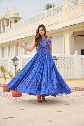 TRADITIONAL GAMATHI WORK NAVRATRI GOWN WITH REAL MIRROR & BANDHANI PRINT