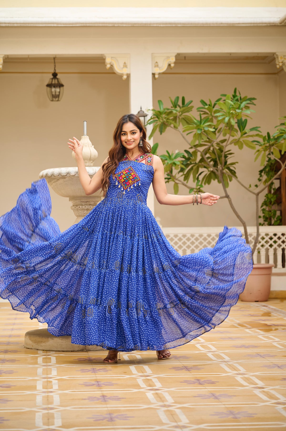TRADITIONAL GAMATHI WORK NAVRATRI GOWN WITH REAL MIRROR & BANDHANI PRINT