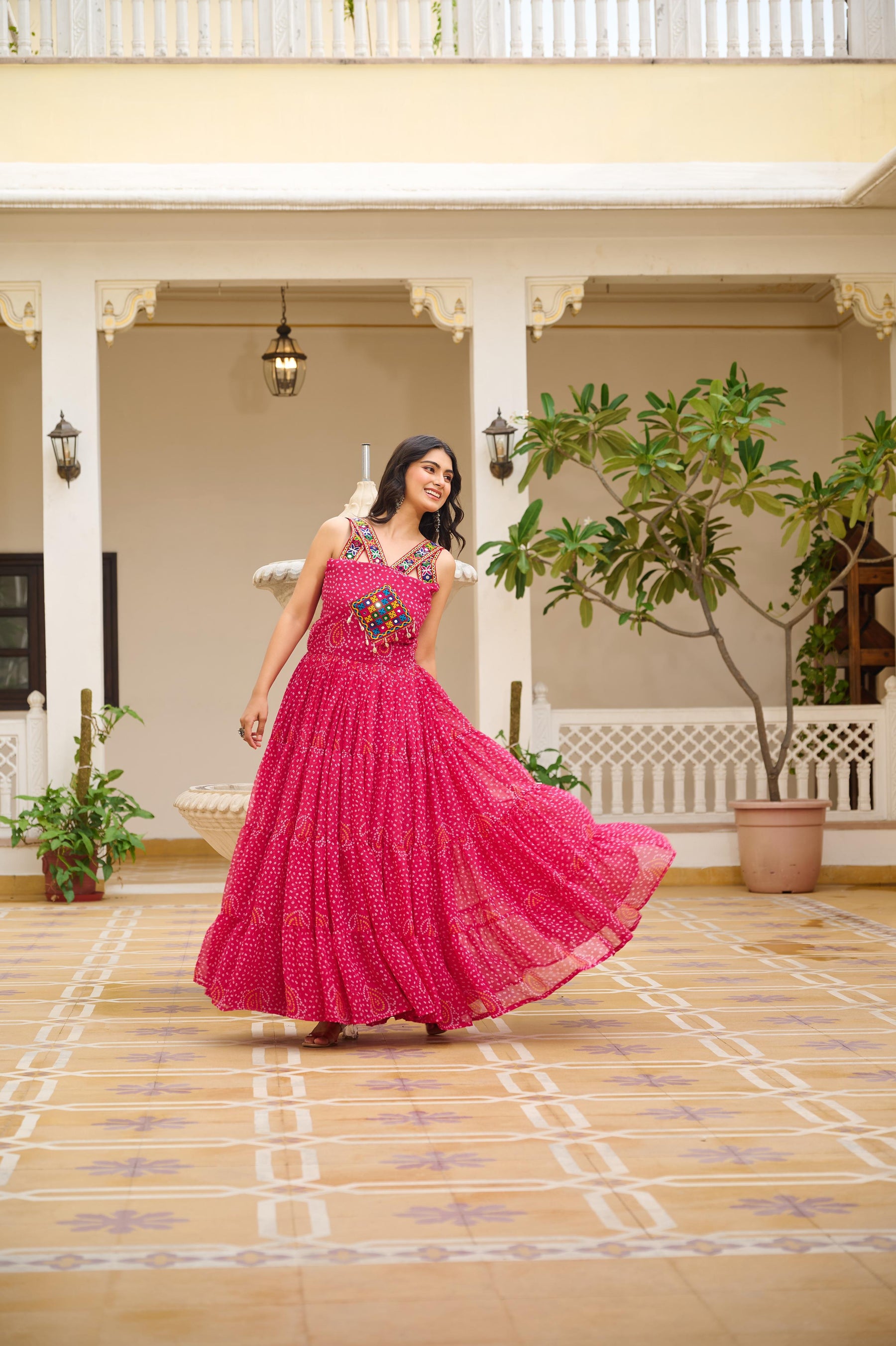 TRADITIONAL GAMATHI WORK NAVRATRI GOWN WITH REAL MIRROR & BANDHANI PRINT