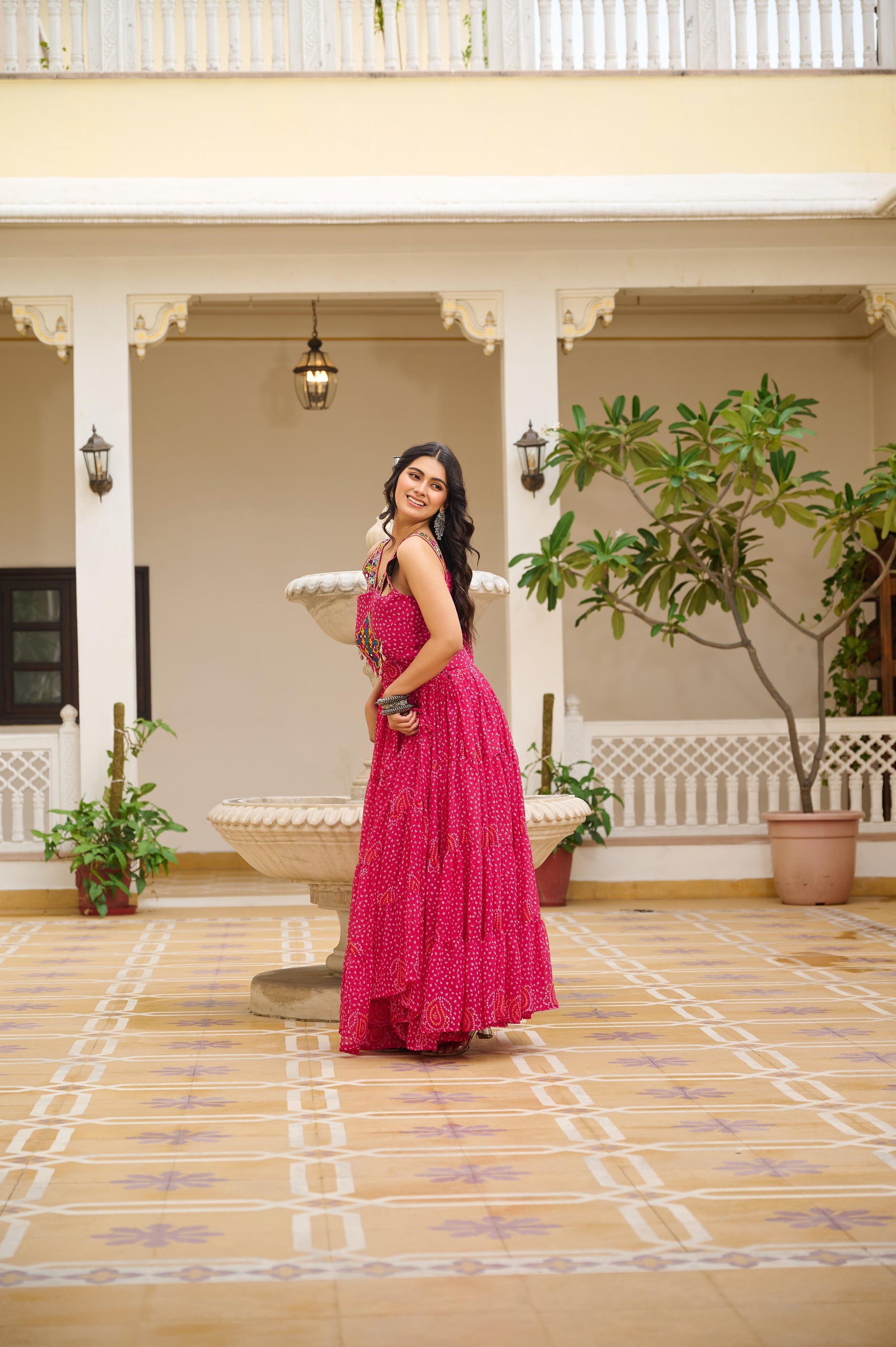 TRADITIONAL GAMATHI WORK NAVRATRI GOWN WITH REAL MIRROR & BANDHANI PRINT