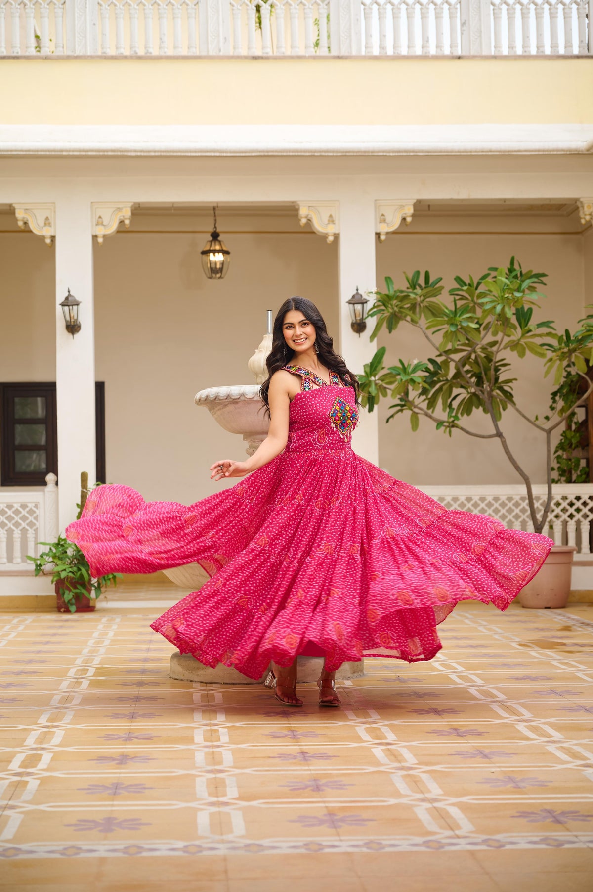 TRADITIONAL GAMATHI WORK NAVRATRI GOWN WITH REAL MIRROR & BANDHANI PRINT