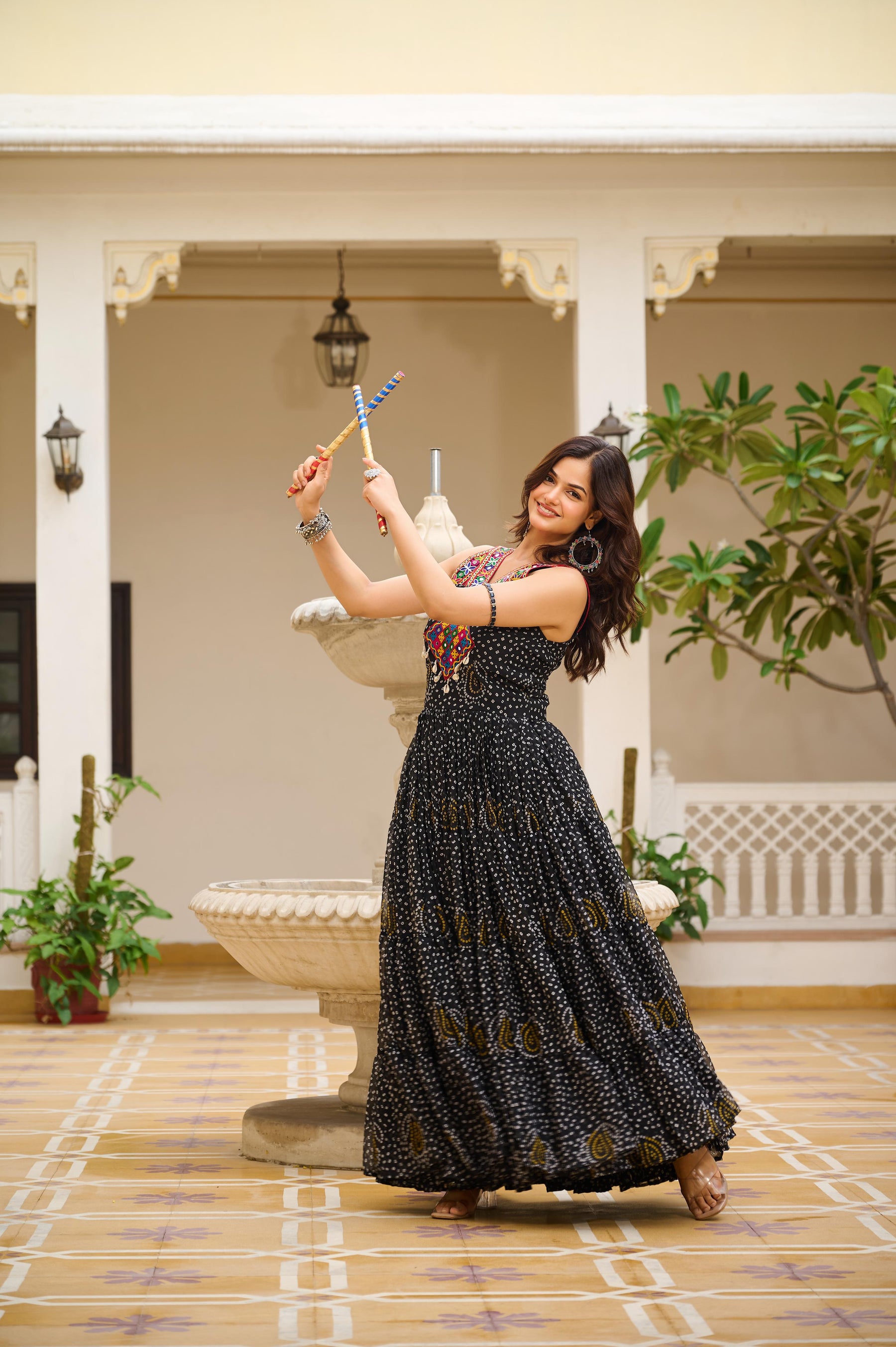TRADITIONAL GAMATHI WORK NAVRATRI GOWN WITH REAL MIRROR & BANDHANI PRINT