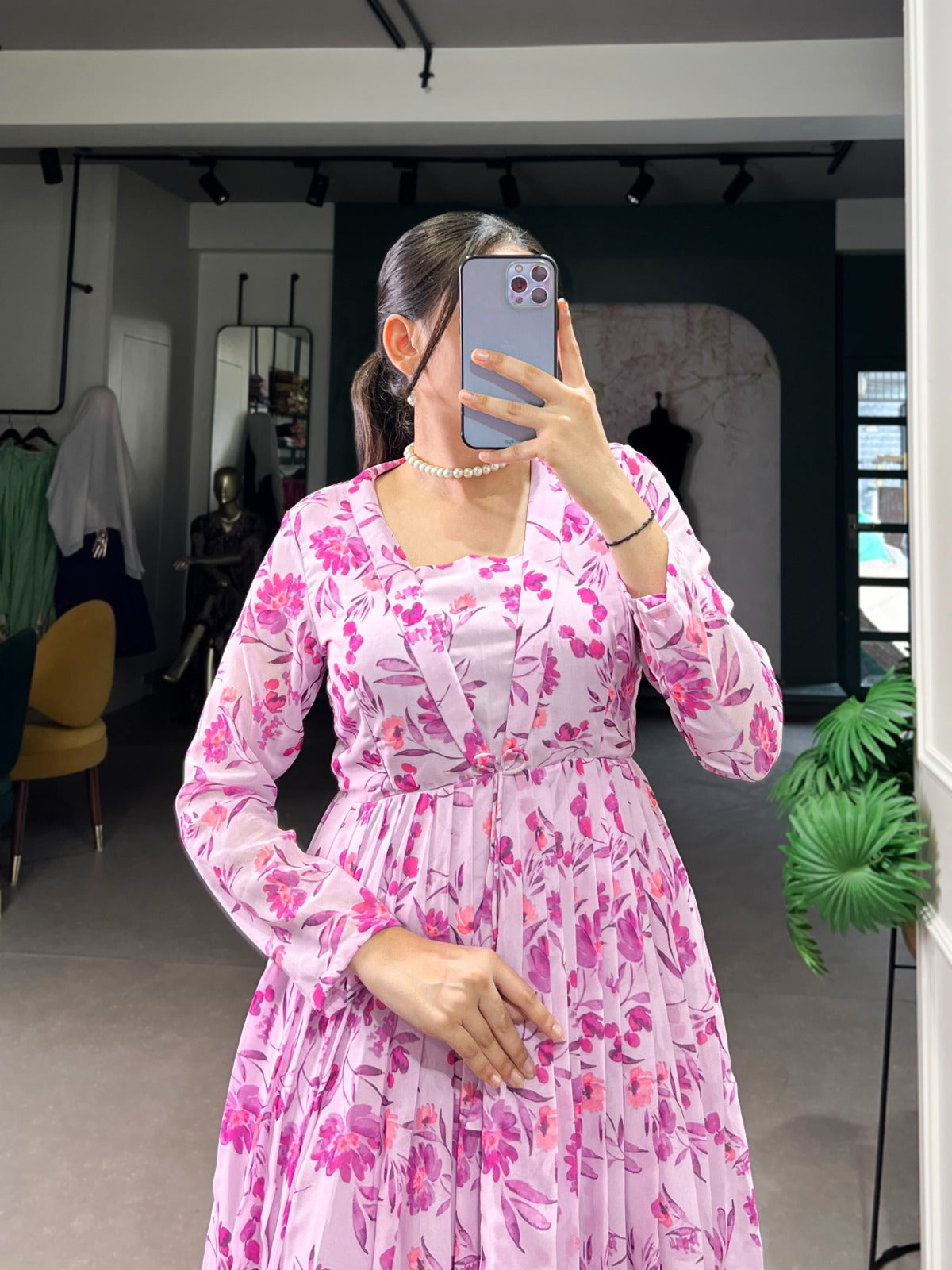 PINK FLORAL GEORGETTE FROCK FOR DAILY WEAR