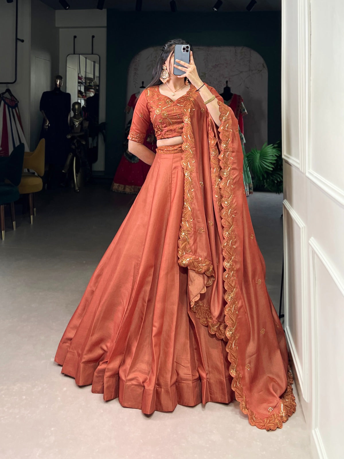 RUST ORANGE PURE TUSSAR SILK LEHENGA CHOLI