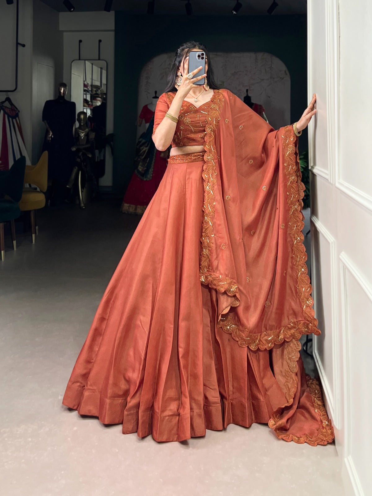 RUST ORANGE PURE TUSSAR SILK LEHENGA CHOLI