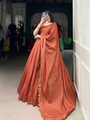 RUST ORANGE PURE TUSSAR SILK LEHENGA CHOLI