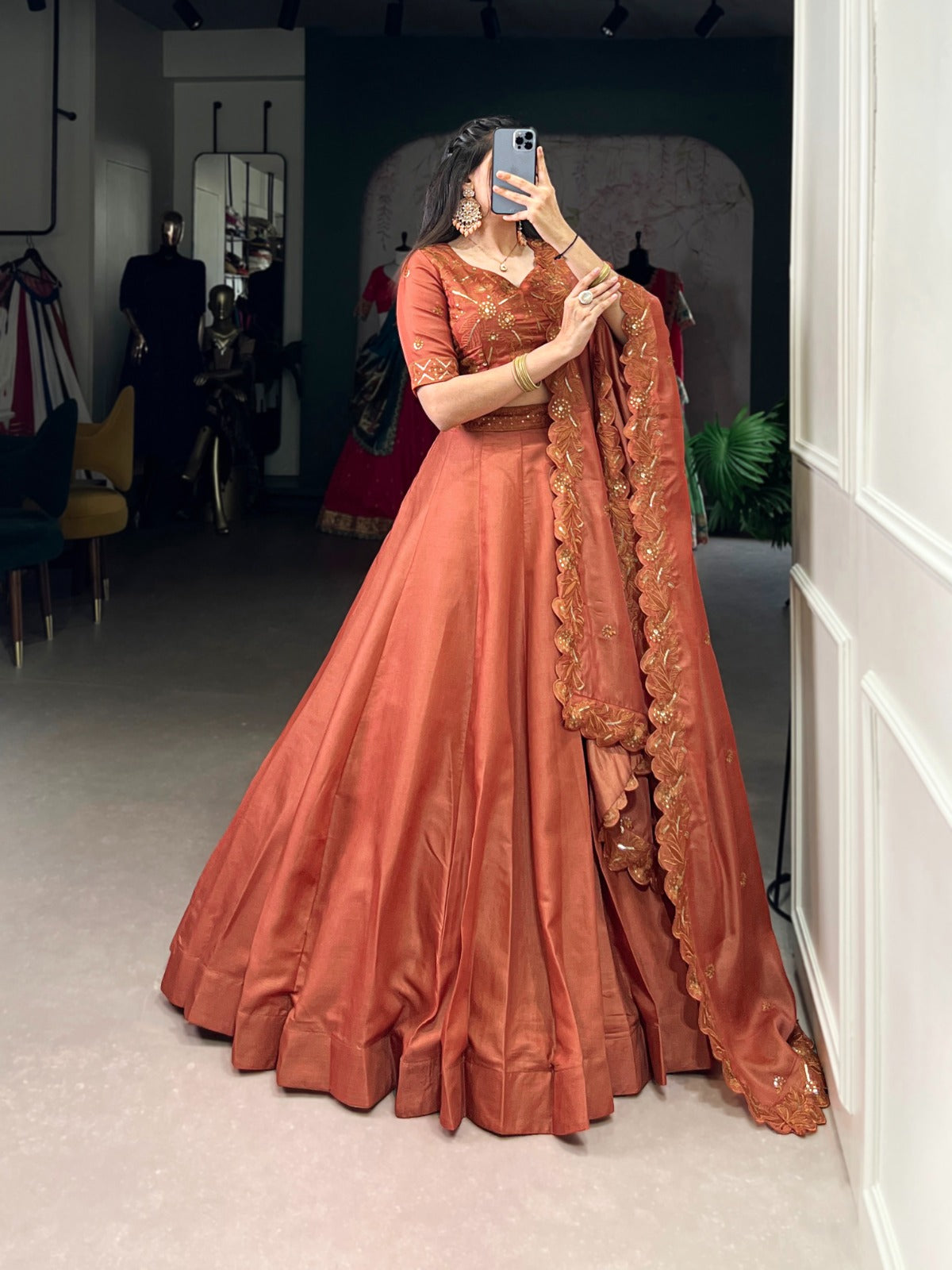 RUST ORANGE PURE TUSSAR SILK LEHENGA CHOLI