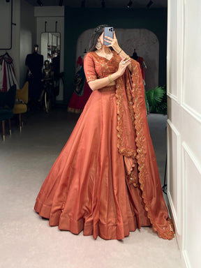 RUST ORANGE PURE TUSSAR SILK LEHENGA CHOLI