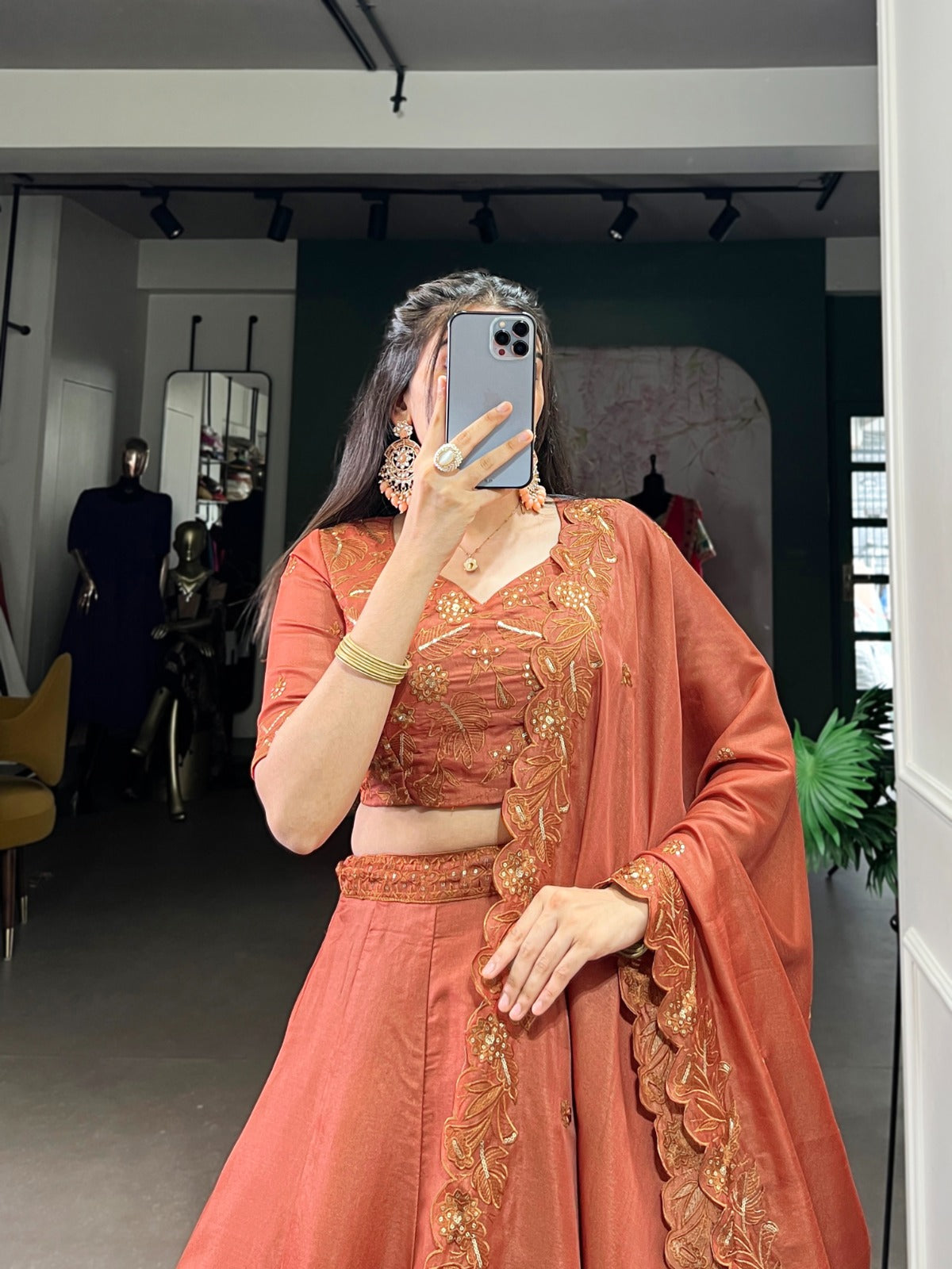 RUST ORANGE PURE TUSSAR SILK LEHENGA CHOLI