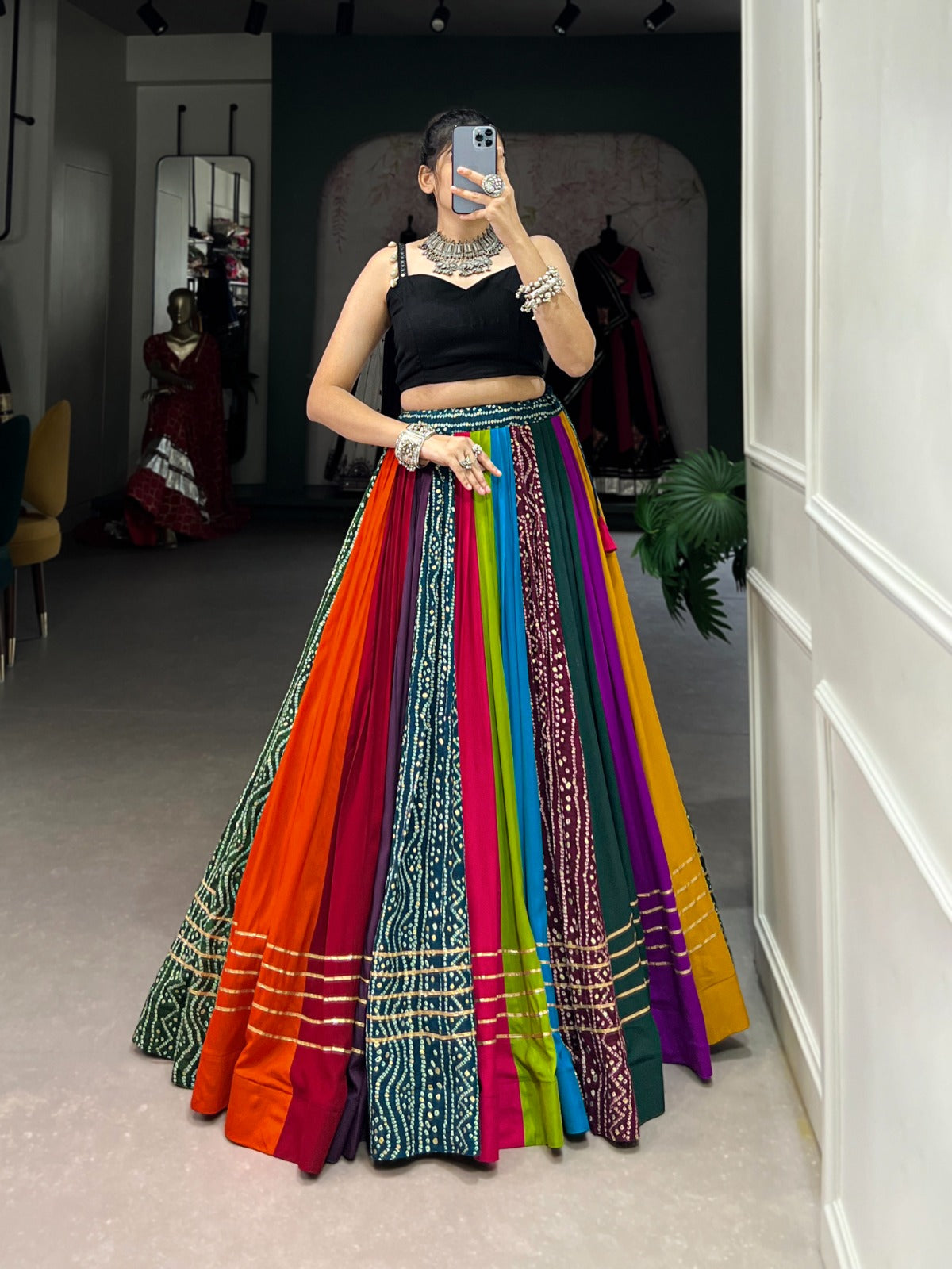 VIBRANT GARBA-READY LEHENGA SET WITH GOTTA PATTI & COWRIE LACE