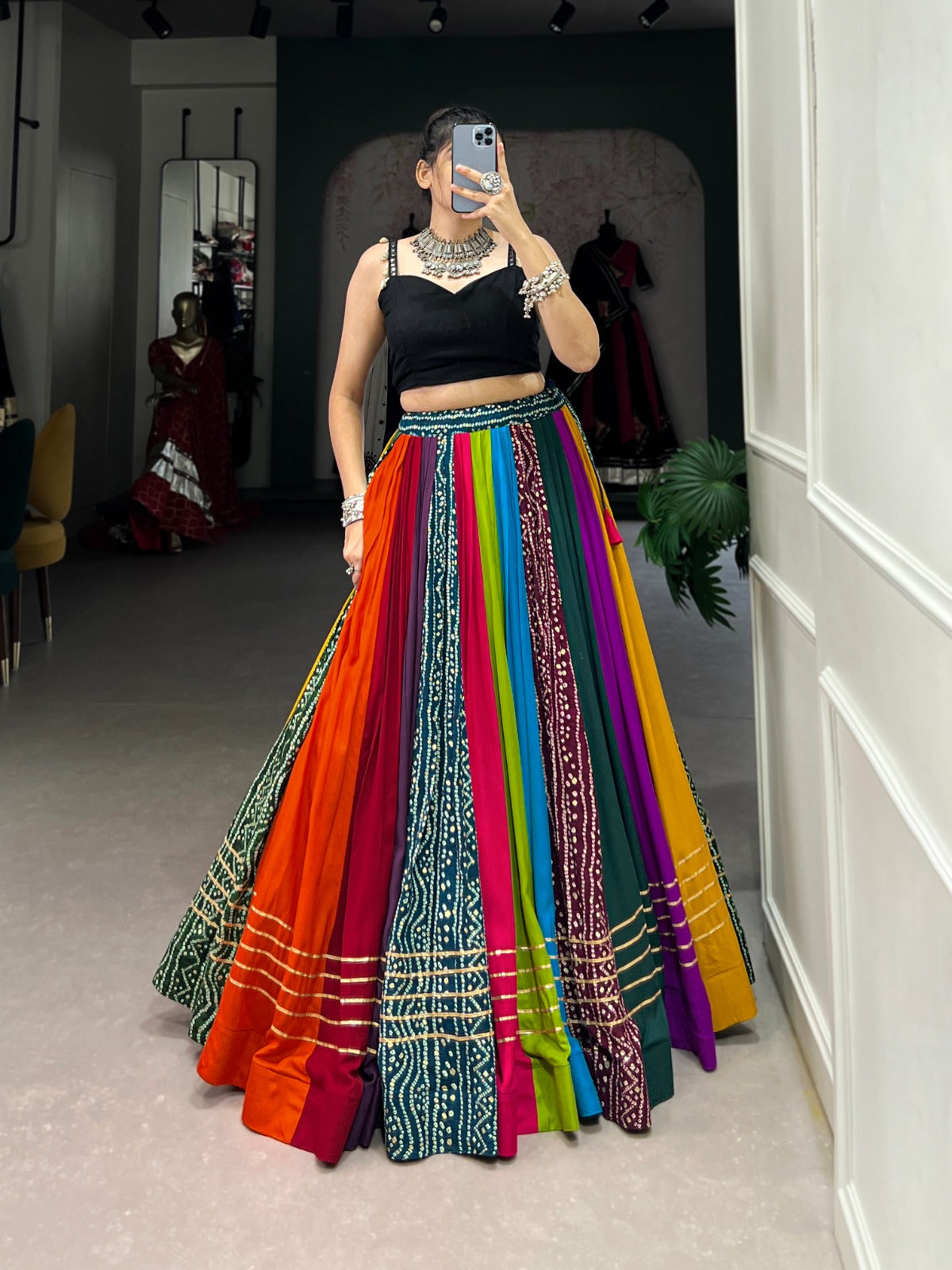 VIBRANT GARBA-READY LEHENGA SET WITH GOTTA PATTI & COWRIE LACE