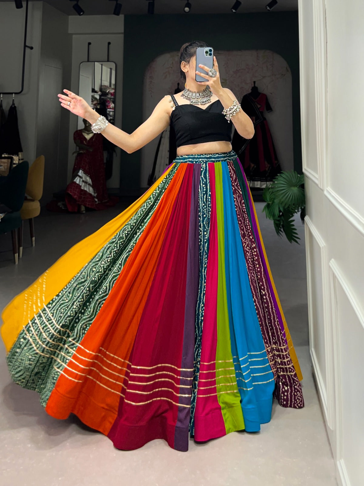 VIBRANT GARBA-READY LEHENGA SET WITH GOTTA PATTI & COWRIE LACE