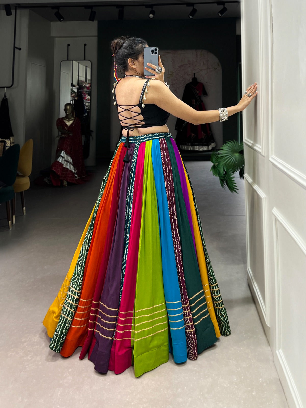 VIBRANT GARBA-READY LEHENGA SET WITH GOTTA PATTI & COWRIE LACE