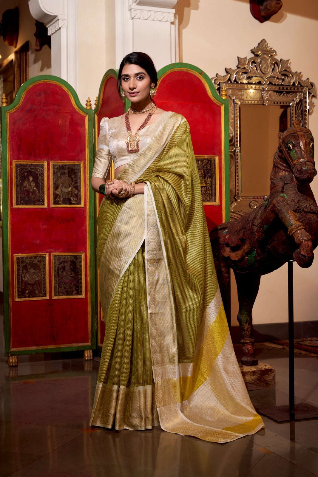 Green Jacquard Chex Saree with Zari Weaving