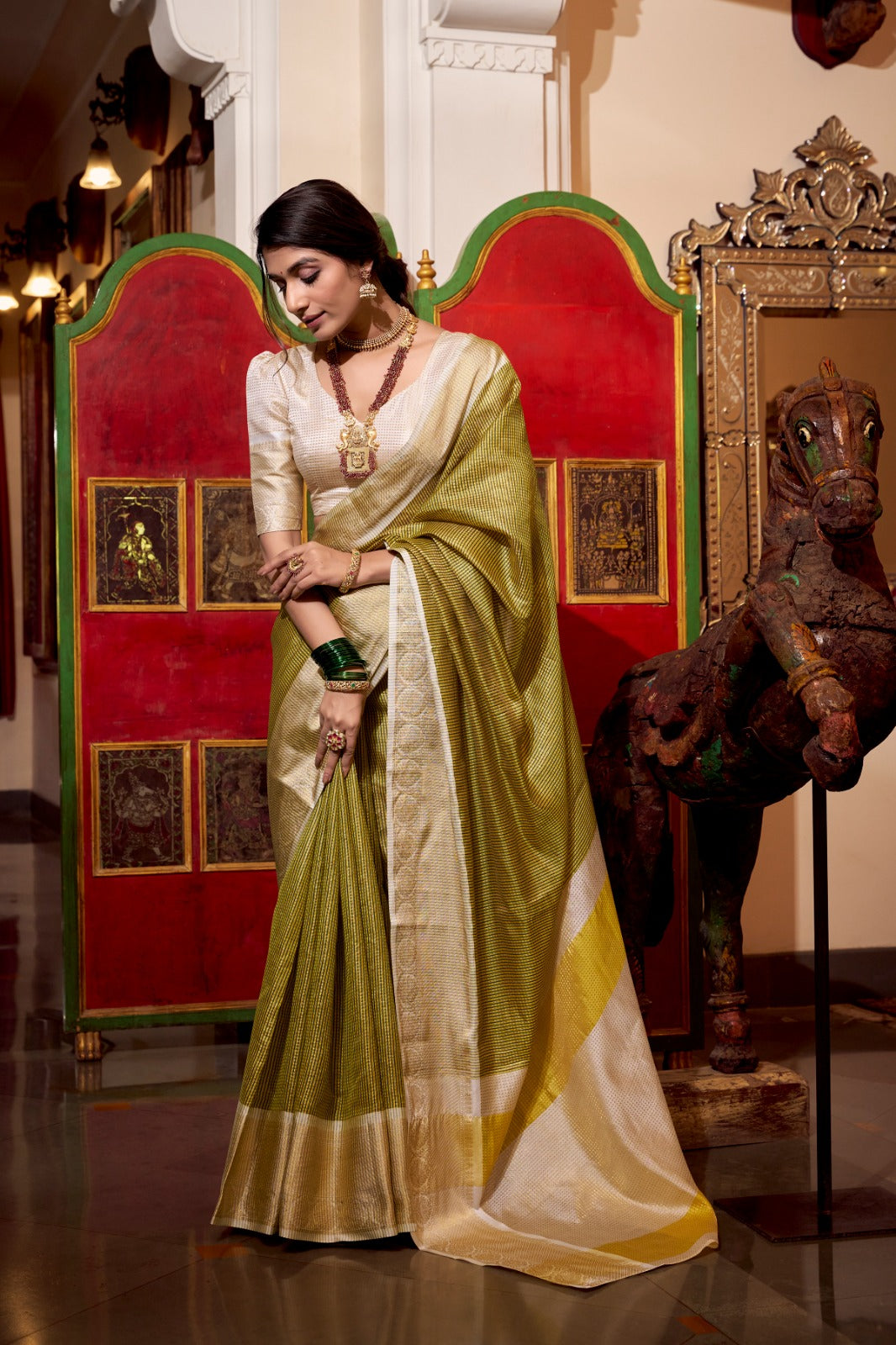 Green Jacquard Chex Saree with Zari Weaving