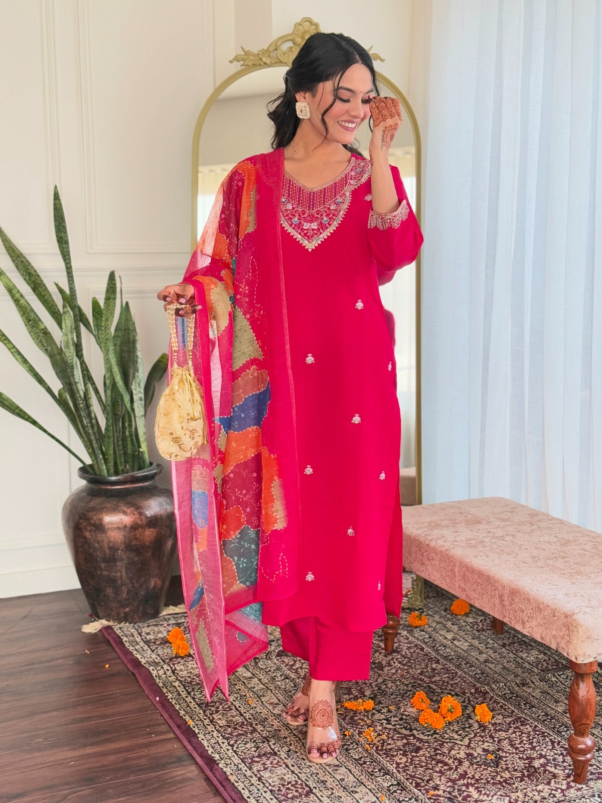Elegant EMBROIDERED KURTI SET WITH PANT & DUPATTA