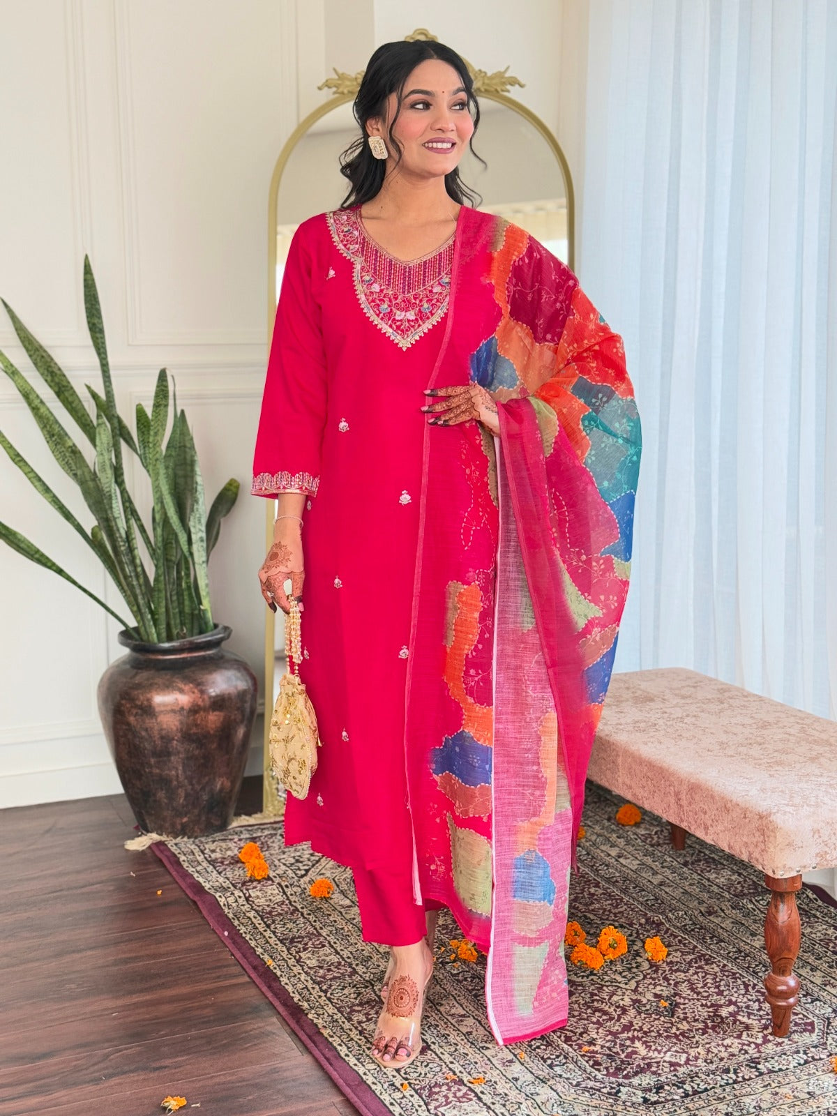Elegant EMBROIDERED KURTI SET WITH PANT & DUPATTA