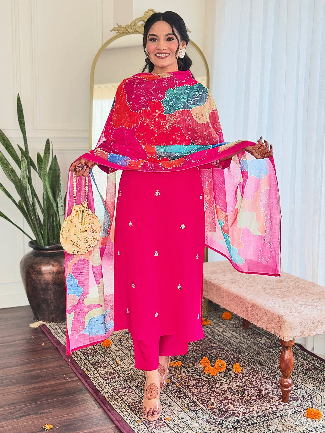 Elegant EMBROIDERED KURTI SET WITH PANT & DUPATTA
