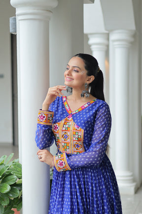 BANDHANI PRINT GEORGETTE GOWN WITH KUTCHI WORK
