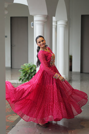 BANDHANI PRINT GEORGETTE GOWN WITH KUTCHI WORK
