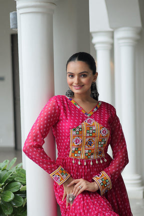 BANDHANI PRINT GEORGETTE GOWN WITH KUTCHI WORK