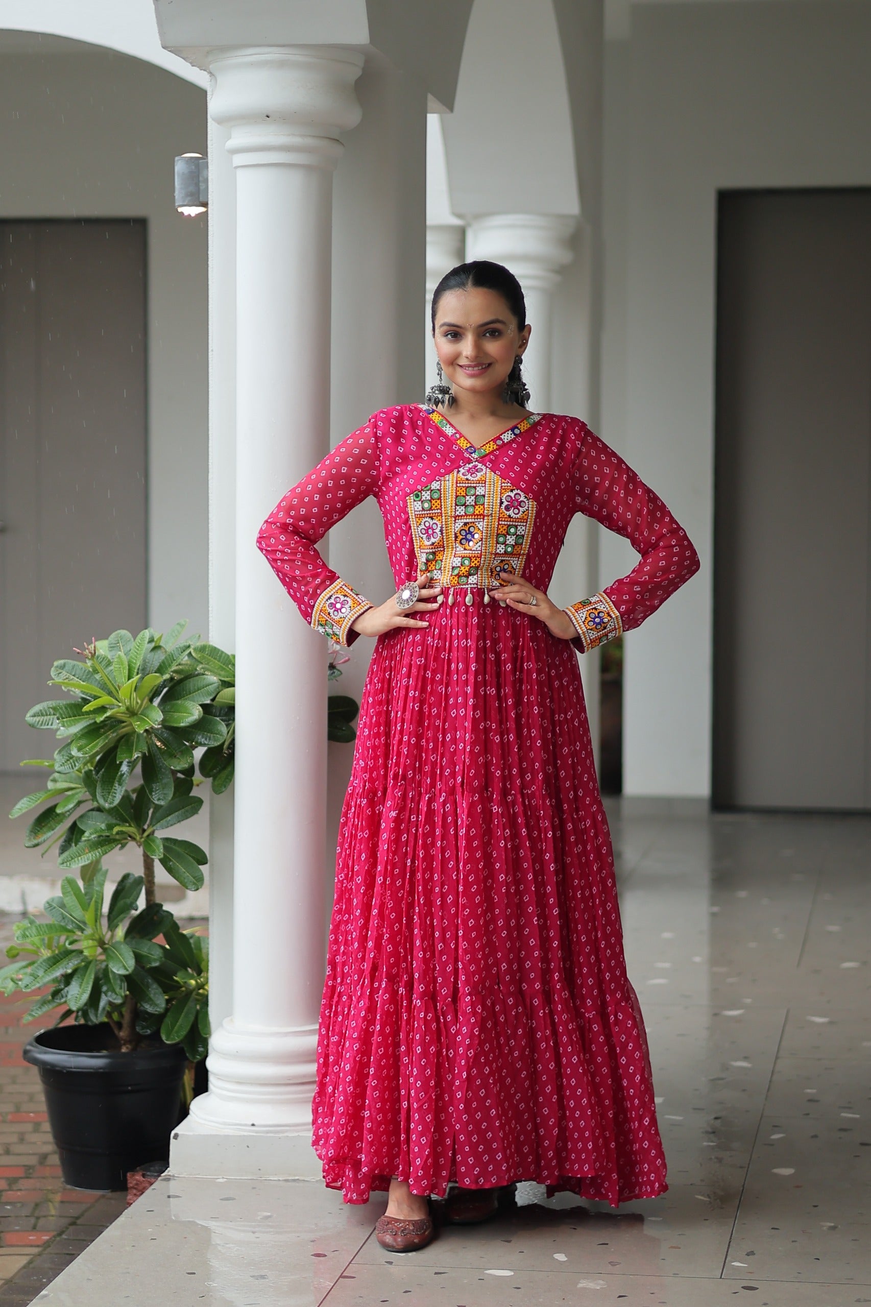 BANDHANI PRINT GEORGETTE GOWN WITH KUTCHI WORK