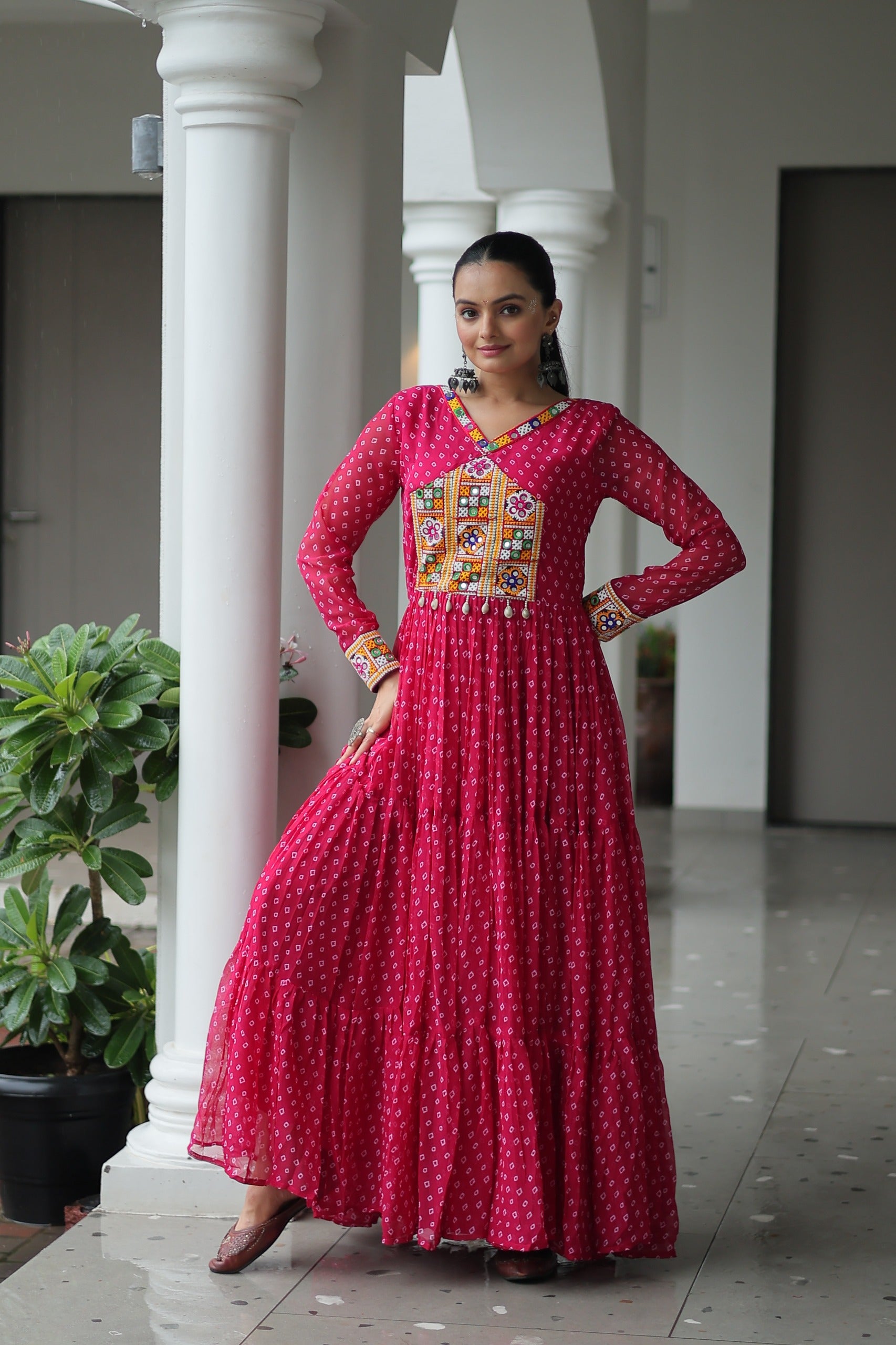 BANDHANI PRINT GEORGETTE GOWN WITH KUTCHI WORK