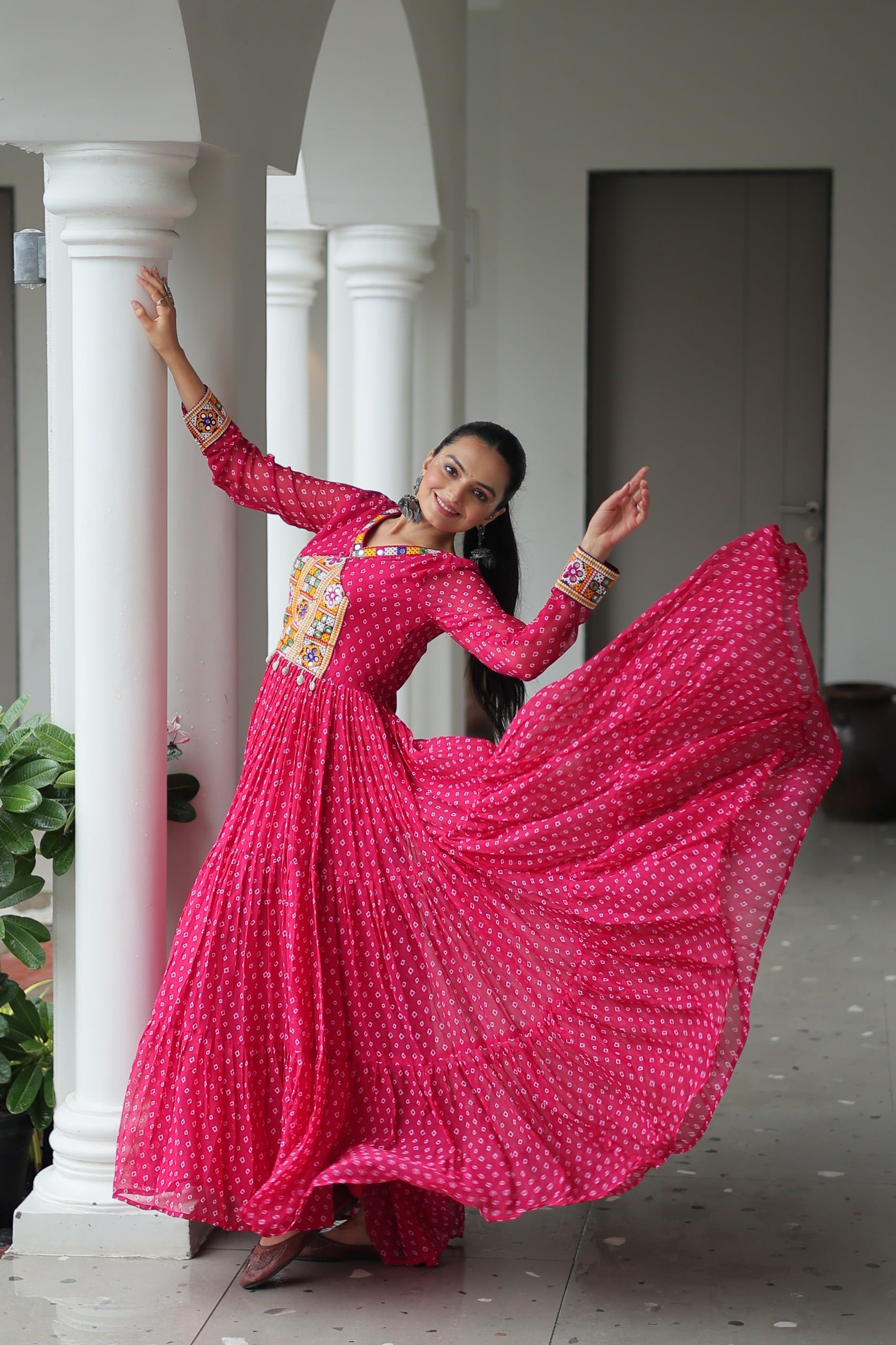 BANDHANI PRINT GEORGETTE GOWN WITH KUTCHI WORK