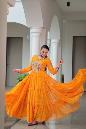 BANDHANI PRINT GEORGETTE GOWN WITH KUTCHI WORK
